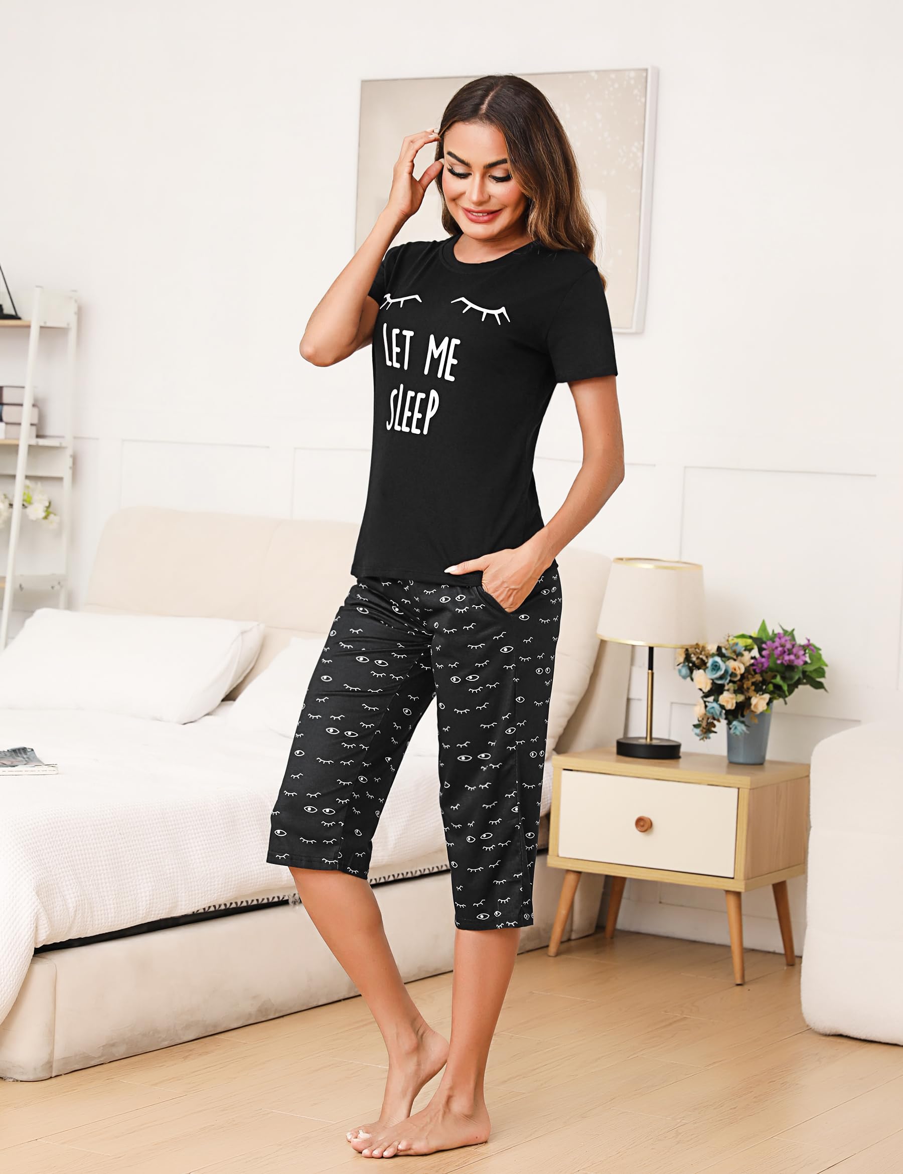 Uniexcosm Pigiama Donna Cotone Estivo Pigiama da Donna Girocollo Set da Donna con Pantaloni Corti Stampati a 3/4