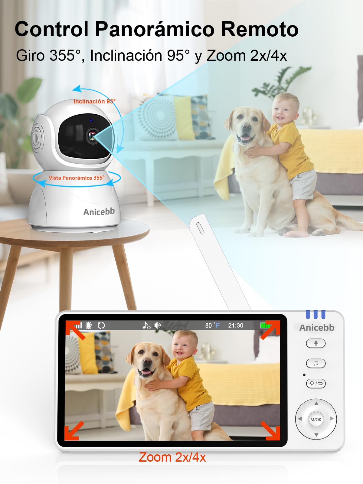 Camara Vigilancia Bebe sin WiFi 720P HD 5", Vigilabebés con Cámara y Audio | Pan Tilt Zoom 2X/4X, Batería 3500mAh con 100H en Modo VOX, Alcance 300m, Visión Nocturna, Alertas de Temperatura y Llanto
