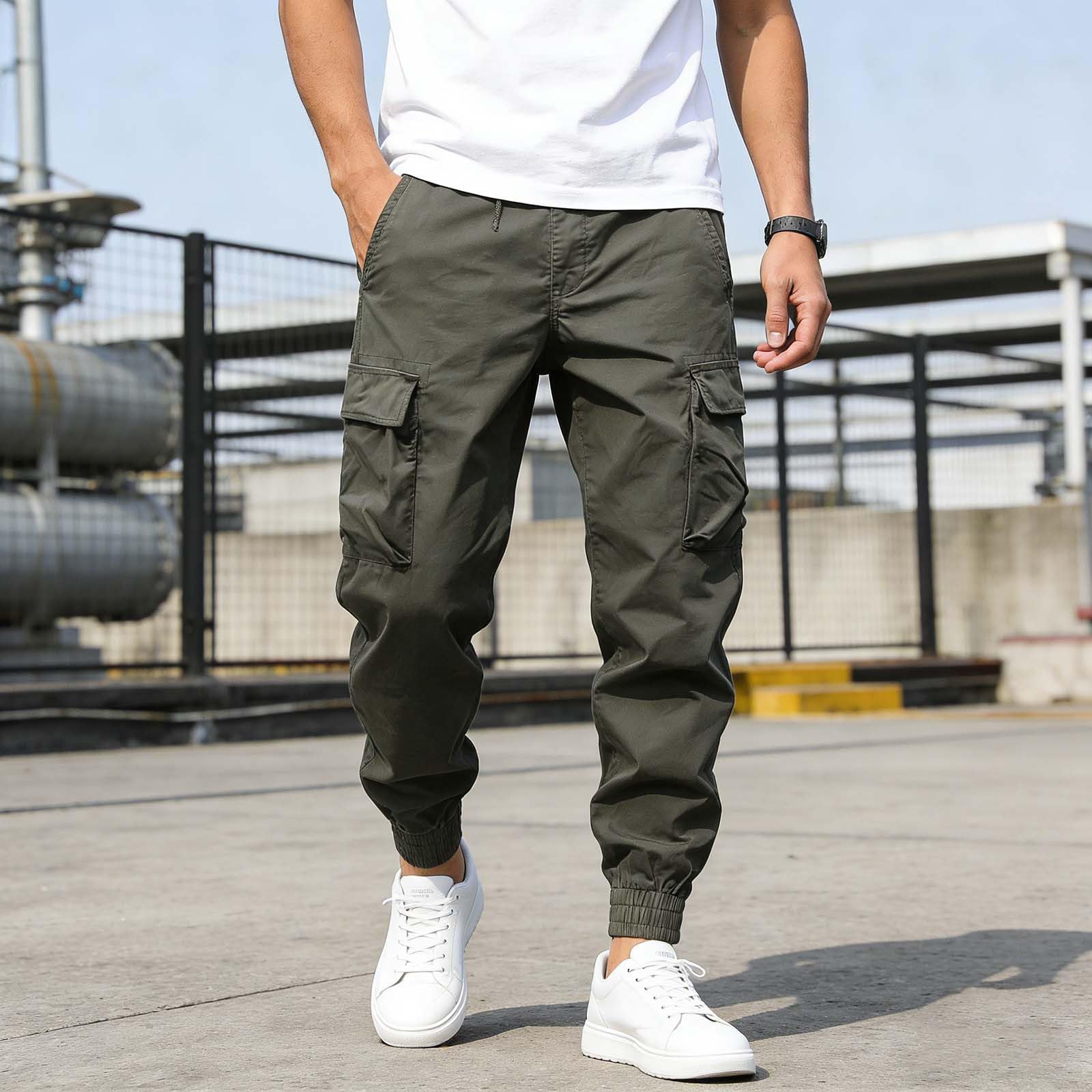 Mens Cargo Pants Athletic Joggers Elastic Waist Multiple Pockets Sweatpants Ankle Cuffs Casual Outdoor Workout Trousers — view 2