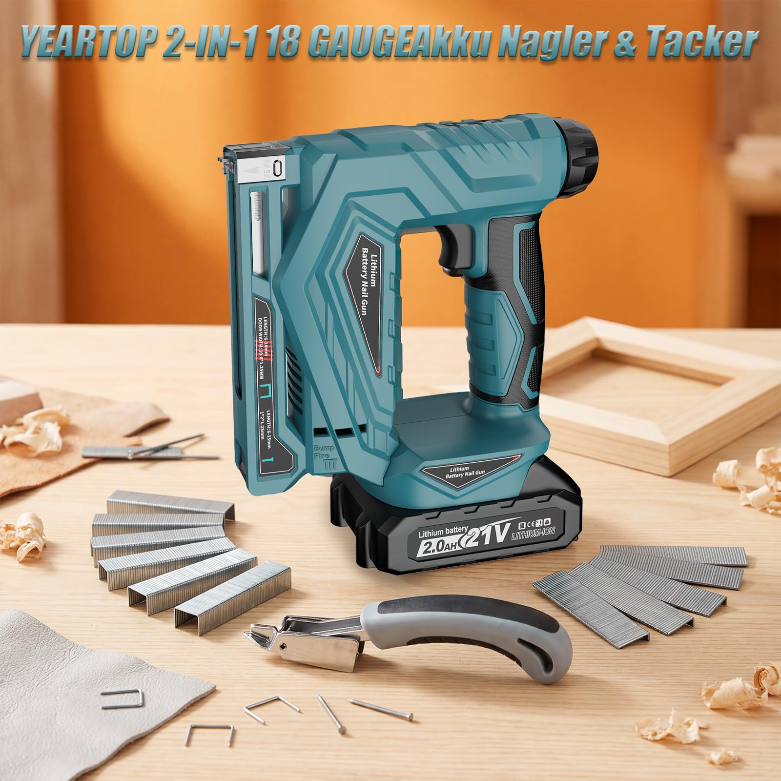 YEARTOP 2-IN-1 Akku Tacker, Elektrotacker für Bastelarbeiten/DIY/Polster | Kompatibel mit Makita 18V Akku, 2 Modi Typ 53 (6-14mm) & 18GA (6-15mm), 2 X 2000mAh Akkus & 2000 Nägel