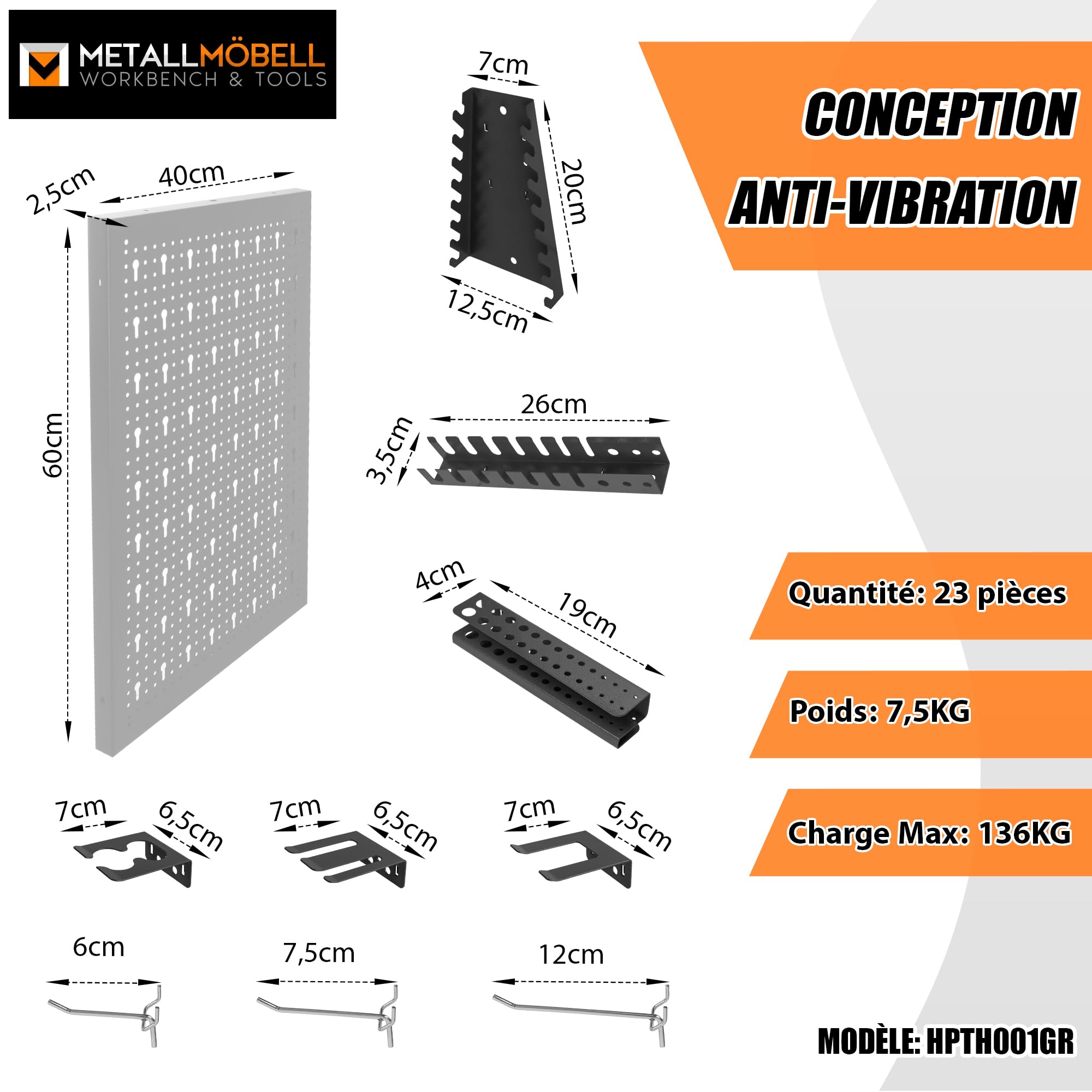 METALLMOBELL - Rangement Outils Mural 160x60x2cm, 4 Panneau Perforé Mural 40x60x2cm, Crochets et Supports, Etagere Rangement Garage pour Bricolage Outillage, Etagere Garage HPTH01G