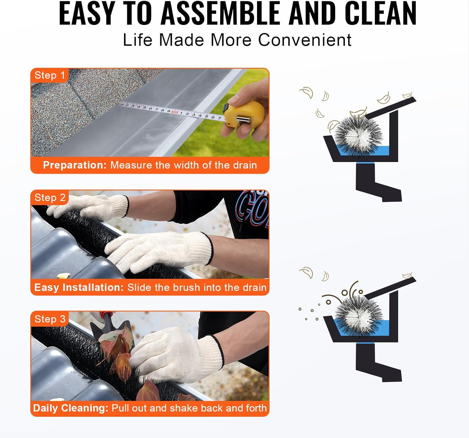Happybuy Gutter Brush, 60ft Total, 4.33" Dia., 5" Gutter Cleaning Tool, Ground-Level Leaf Guard, Clear Roof Debris, 20 Pack