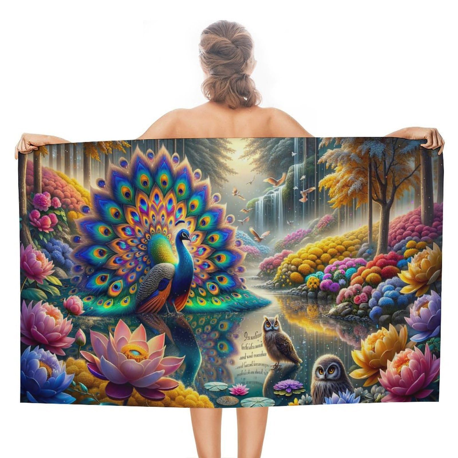 Serviette de plage paon et chouettes drap de bain absorbant 130x80 cm
