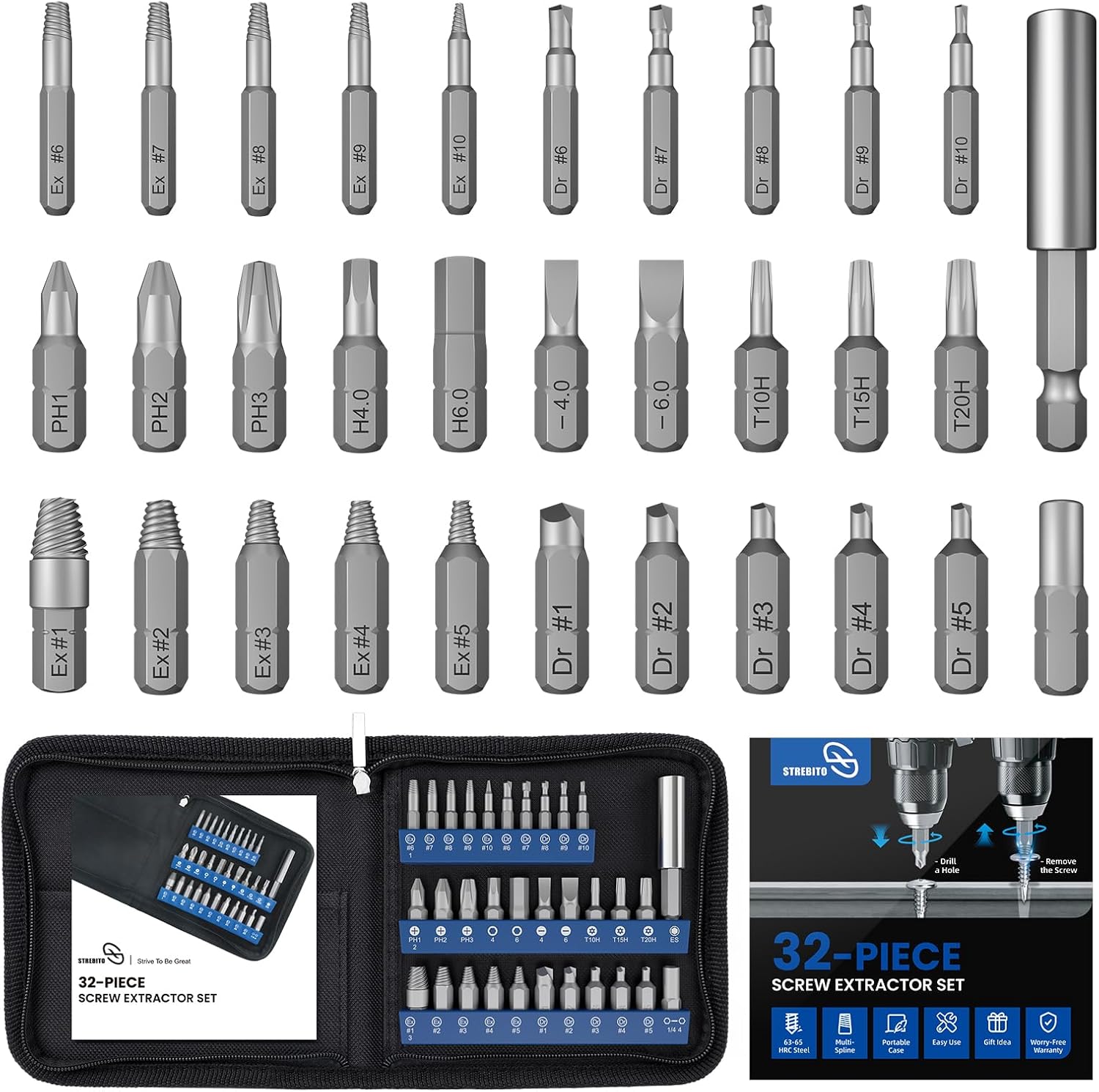 STREBITO 32PCS Stripped Screw Extractor Set - Damaged Rusty Broken Screw Remover Kit with Magnetic Extension & Drill Adapter for 3-12mm Bolts