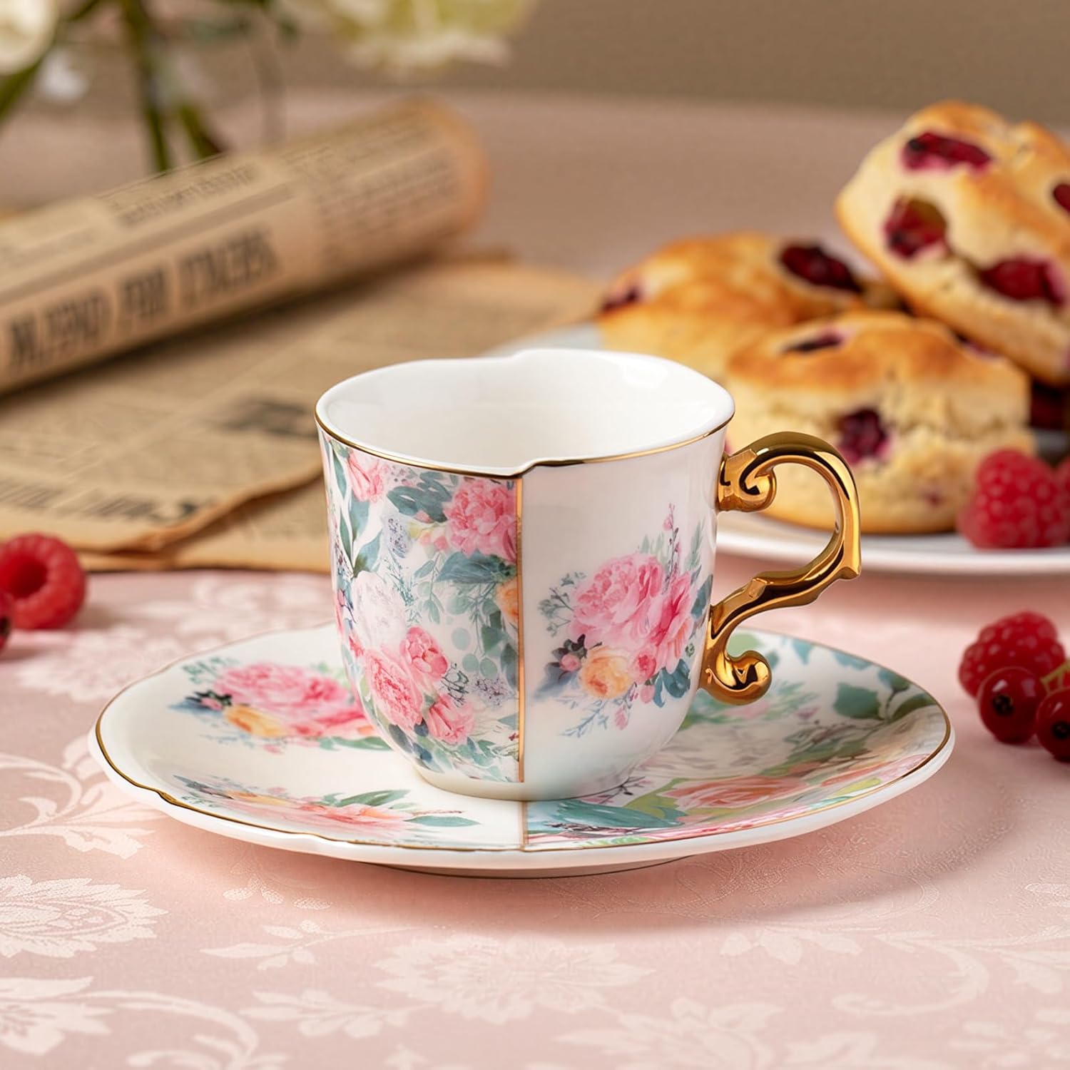 KAMMAK Tea Cups and Saucers Set of 2, Porcelain Coffee Cups, 4-Ounce Stackable Espresso Mugs, Ceramic Demitasse for Coffee, Latte, Americano, Tea, Western Peony