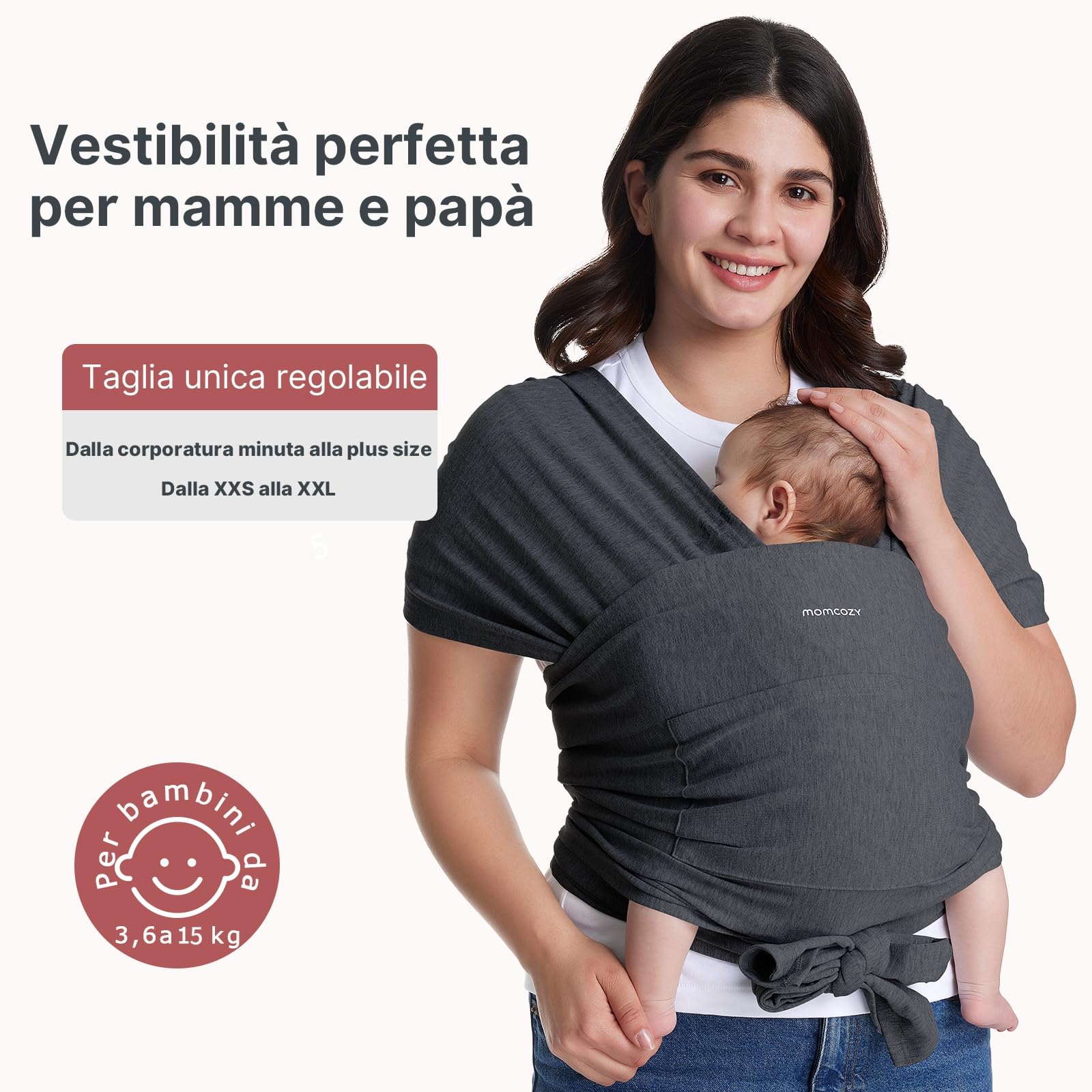 Momcozy Fascia per neonati – Anello facile da indossare – Fascia per il trasporto traspirante per mani libere – Marsupio regolabile da 3,6 kg a 15 kg (Grigio)