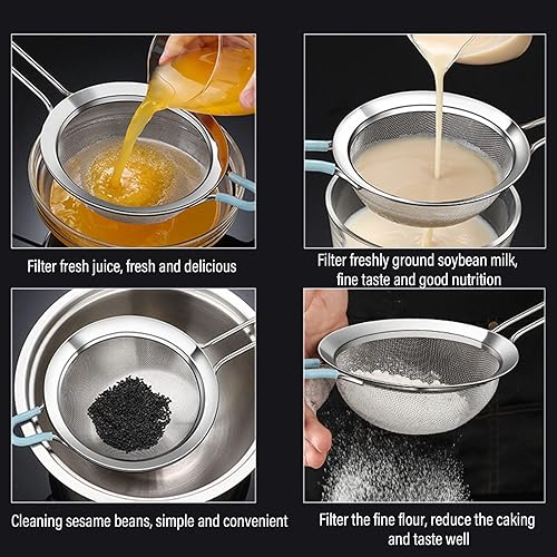 Miniatura 4 de 60 coladores de malla fina, tamiz de acero inoxidable, colador de harina de mano con mango largo, tamiz de harina para cocina (5.5 in)