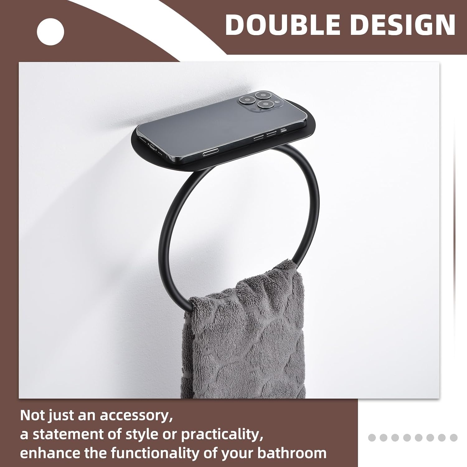 APLusee Matte Black Bath Towel Ring with Shelf, Stainless Steel Towel Holder, Wall Mount