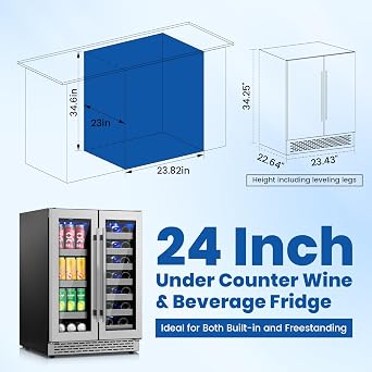 24 Inch Wine and Beverage Refrigerator, Dual Zone Wine Fridge Under Counter, 20 Bottle & 88 Cans Wine Cooler Refrigerator with Glass Door & Stainless Steel Shelves for Beer Commercial Office