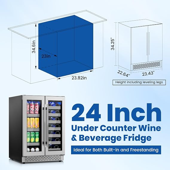 24 Inch Wine and Beverage Refrigerator, Dual Zone Wine Fridge Under Counter, 20 Bottle & 88 Cans Wine Cooler Refrigerator with Glass Door & Stainless Steel Shelves for Beer Commercial Office