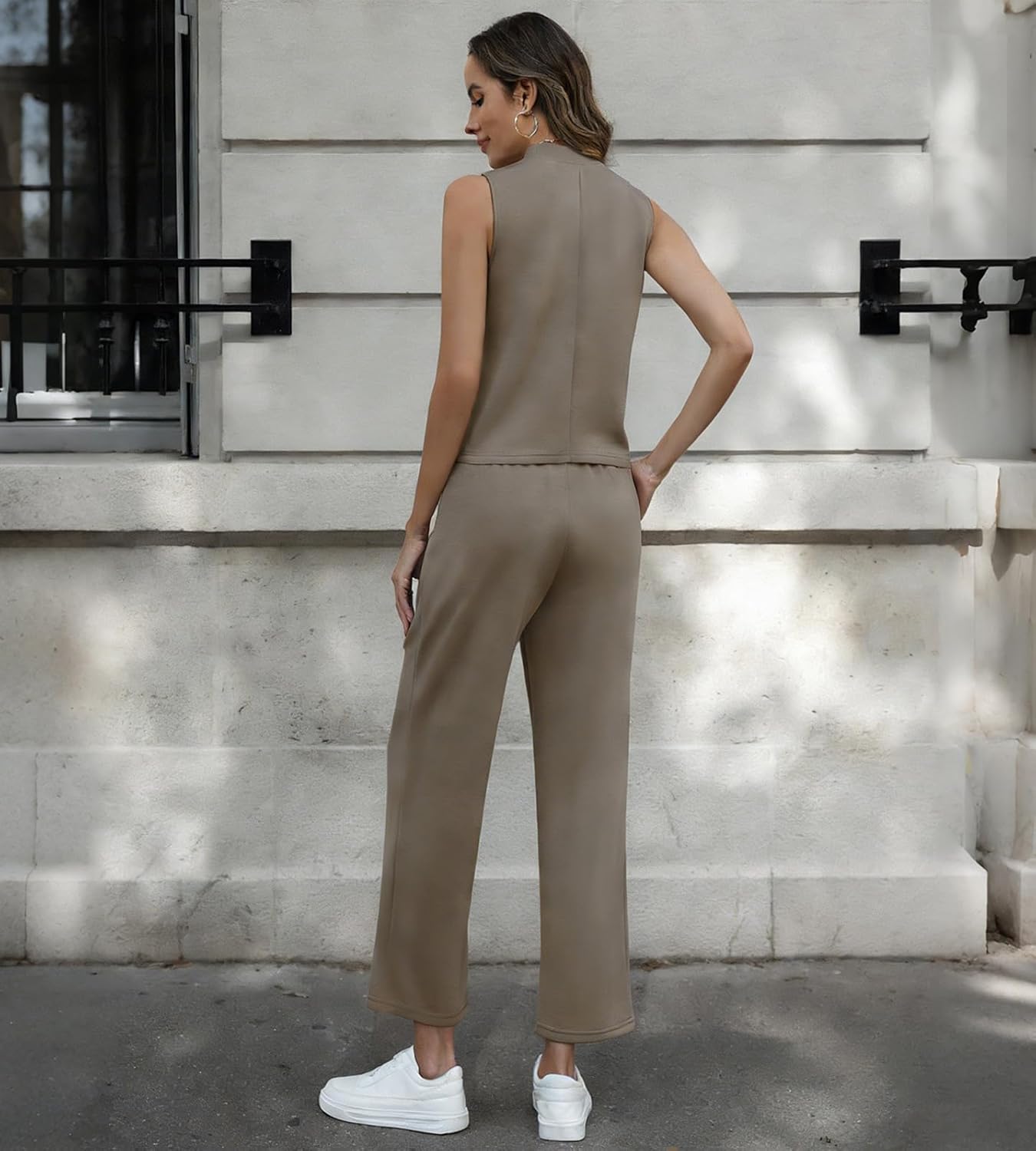 2 Piece Sets for Women Summer Outfits Lounge Sets Mock Neck Tops Wide Leg Crop Pants Vacation Travel Outfits - Image 5