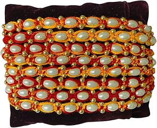 Evisha Traditional Moli Pearl Beads Rakhi, 12 Pieces, With Roli Chawal For Brother Bhai Bhaiya Bhabhi Red and White