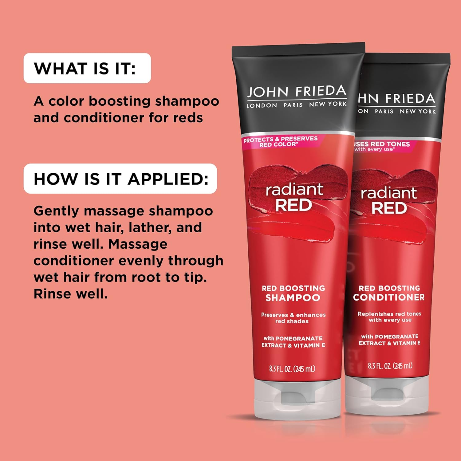 John Frieda Radiant Red Shampoo & Conditioner Bundle, Enhancing Shampoo & Conditioner, Helps Enhance Shades, with Pomegranate and Vitamin E