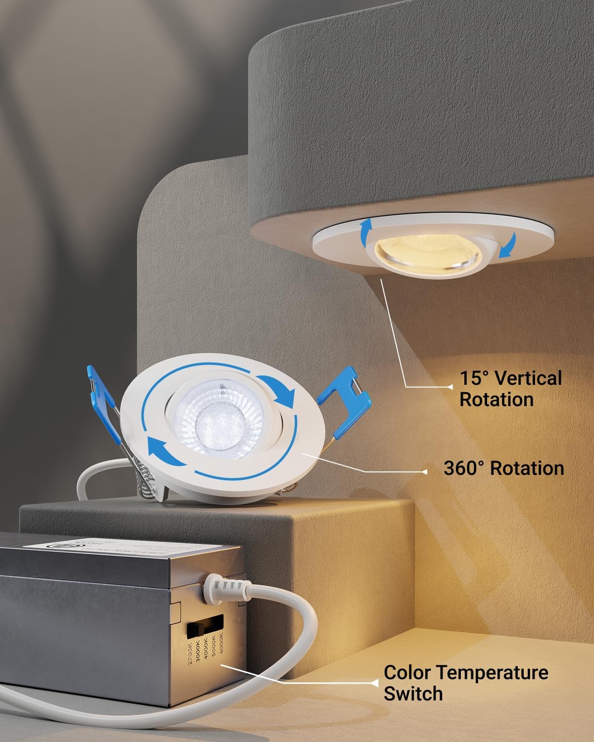 Sunco 6 Pack 2 Inch Gimbal LED Recessed Light, Canless Angled Eyeball Directional Recessed Lighting with Metal Junction Box, 360 LM, 5W, Selectable CCT 2700K/3000K/4000K/5000K/6000K, Dimmable ETL