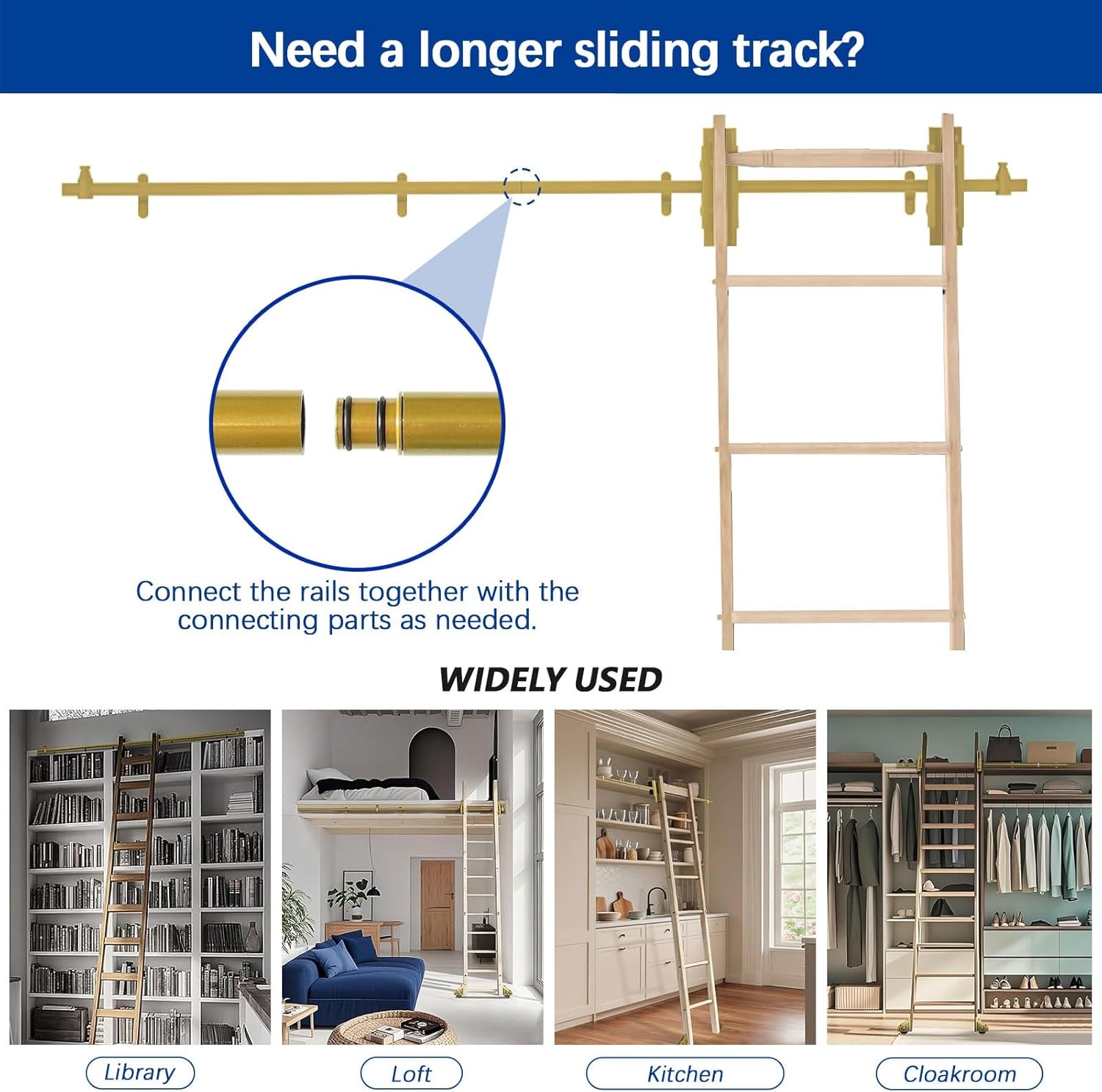Rolling Library Ladder Hanging Track 3.3ft-24ft, Gold Sliding Ladder Hardware Kit with Floor Roller Wheels for Home Loft Office Warehouse Bar Closet (No Ladders)(3.3ft/100cm Track