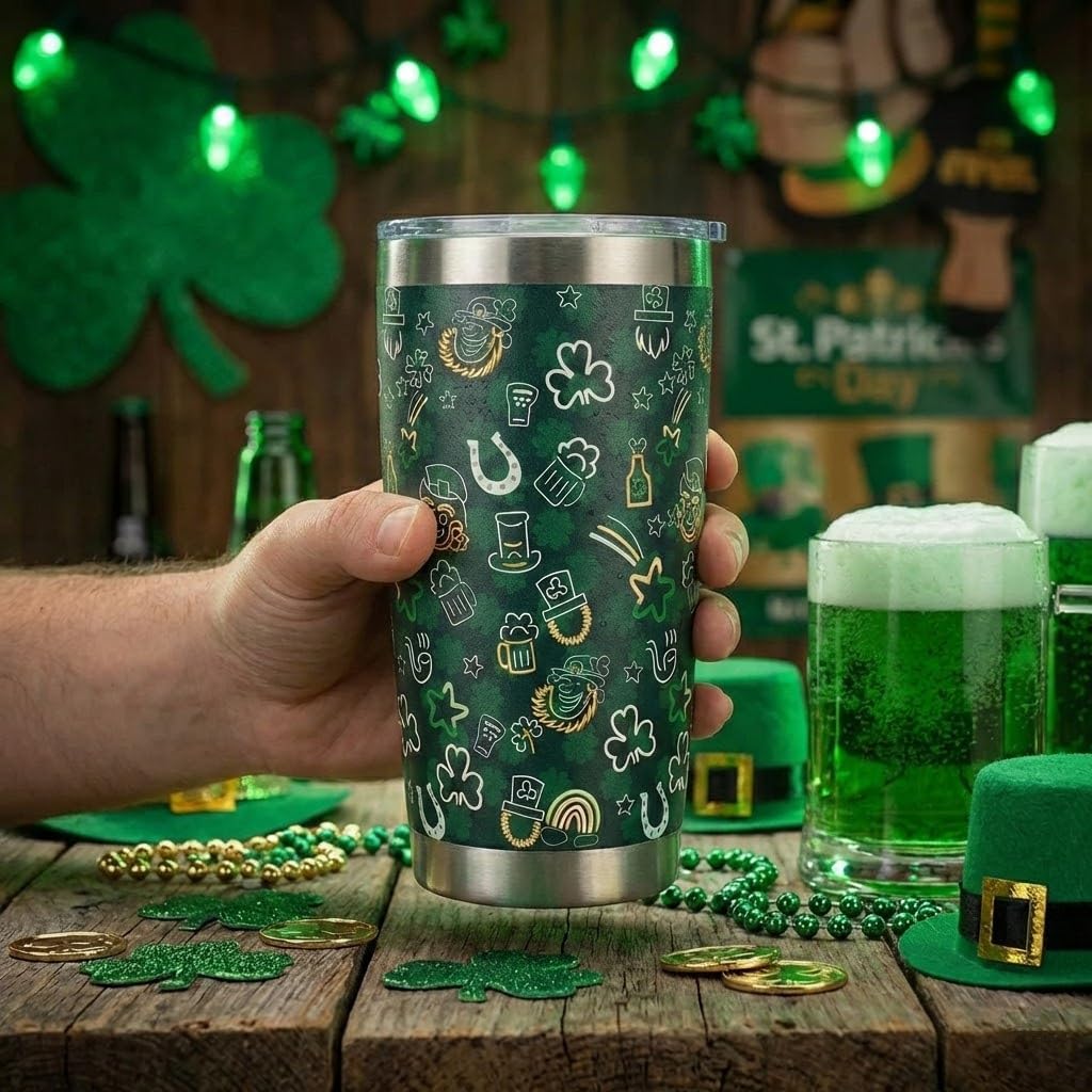 St. Patrick's Day Clover Tumbler with Lid and Straw, 20oz Insulated Stainless Steel Tumbler Cup Double Walled Travel Coffee Mug for Hot & Cold Drinks - Image 3