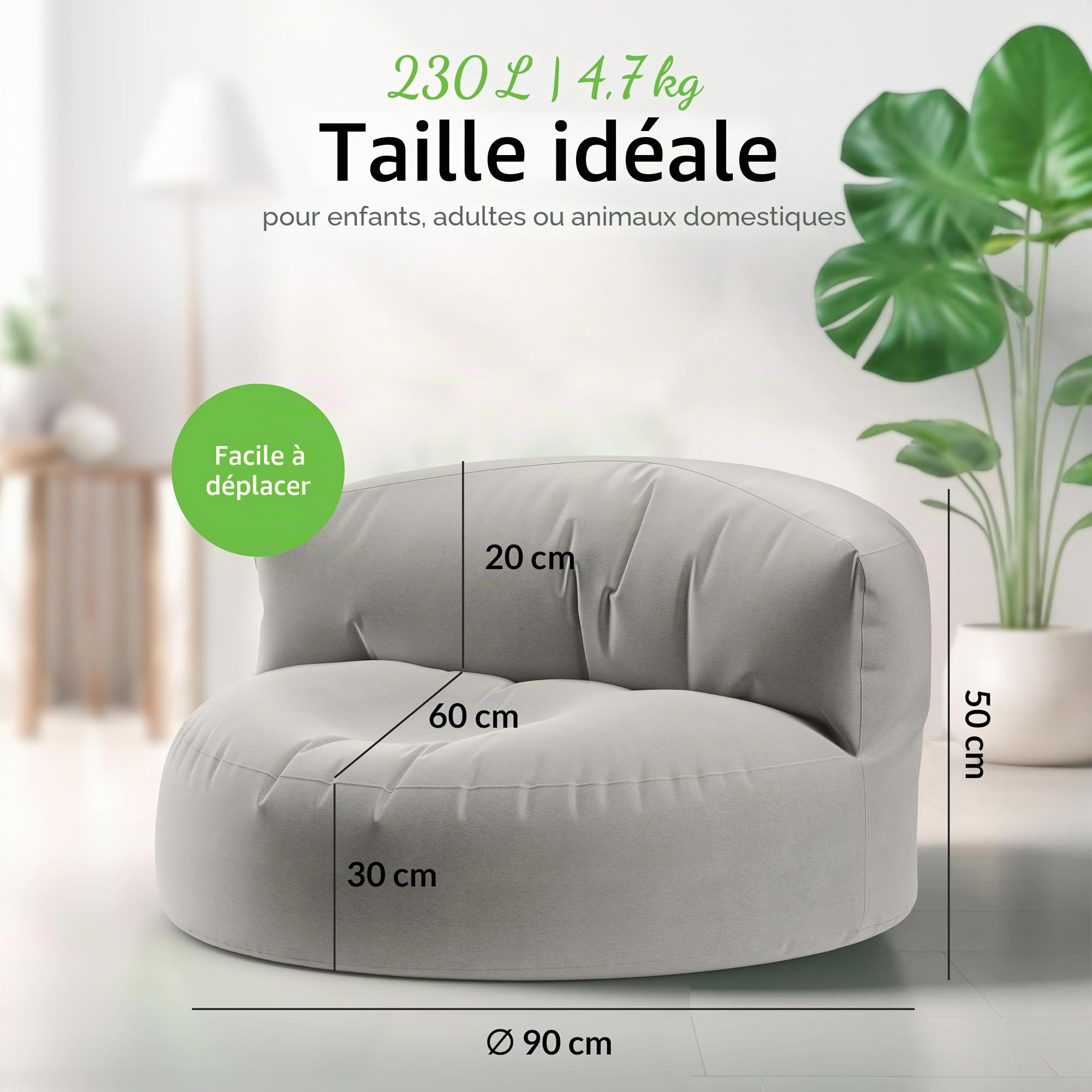 Green Bean© Canapé-Sac avec matériau de Remplissage | Lounge en Design de Pouf 90 x 50 cm avec Dossier Ergonomique & Housse Lavable | Convient pour l'intérieur et l'extérieur en Gris Clair