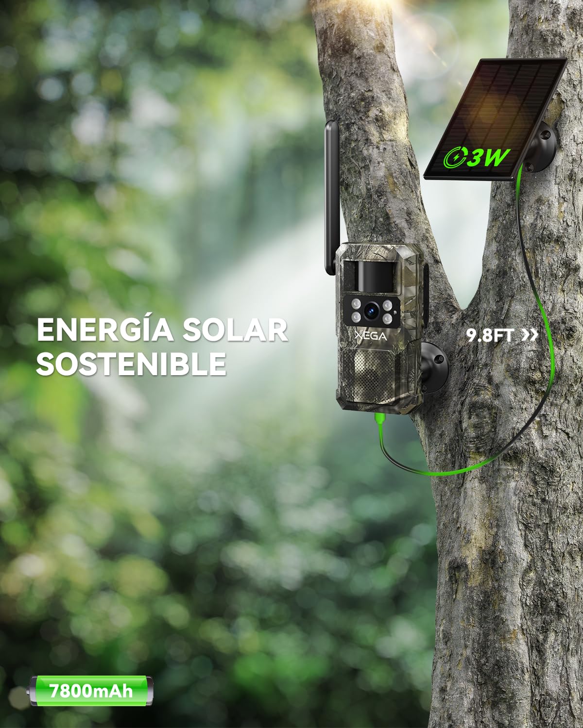 Xega 4G LTE Cámara de Caza Solar con Tarjeta SIM, Cámara Fototrampeo sin WiFi, 7800 mAh Batería, Visión Nocturna 950nm Infrarrojos Invisible, Audio de 2 vías, 0,2s Activación, IP66 Impermeable