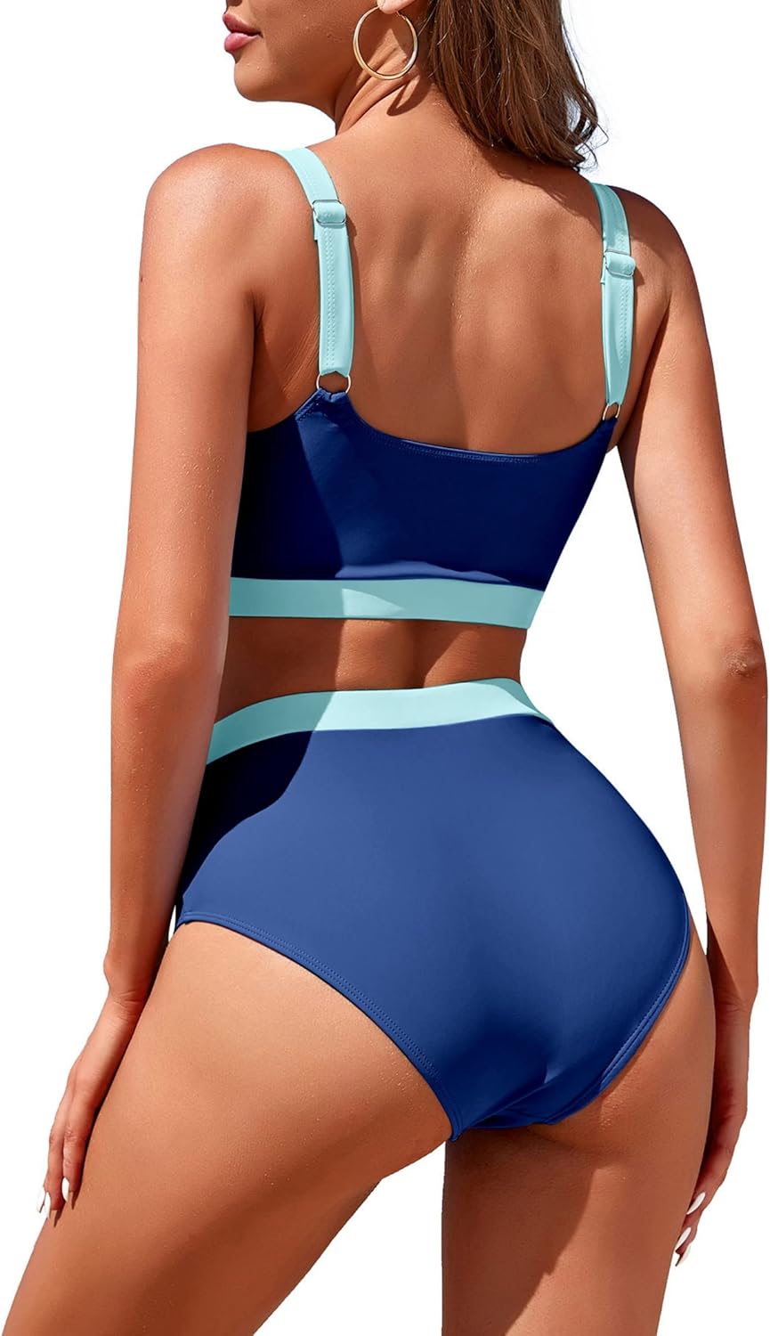 Womens High Waisted Bikini Sets Sporty Crop Top Color Block Swimwear Bandeau Scoop Neck Vintage Two Piece Bathing Suits
