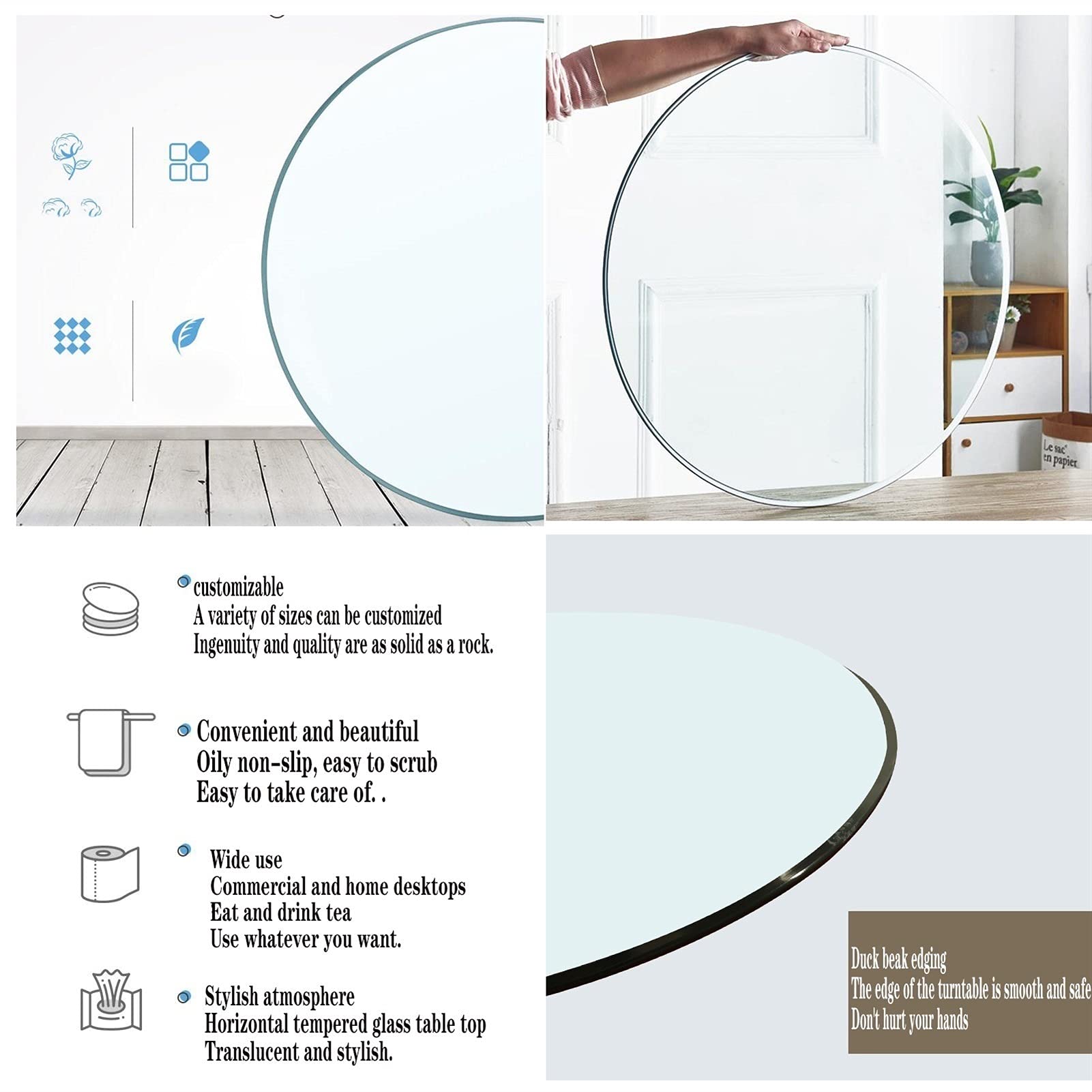 Plato Giratorio Redondo con Tapa Vidrio Templado Transparente y Borde Pulido. Capacidad Carga: 300 kg. Aislamiento térmico. Impermeable y fácil cuidar. Resistente.