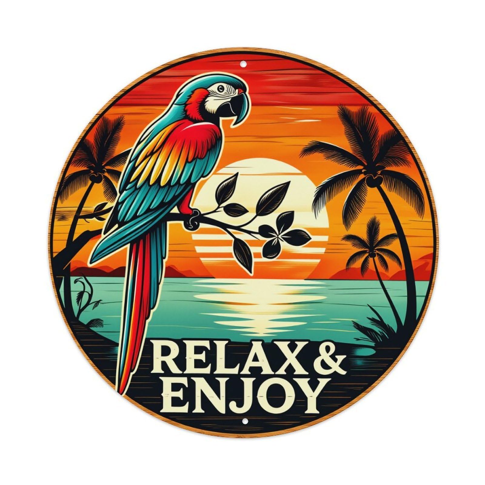 Parrot Sunset Palm Tree Ocean Relax Round Tin Sign Vintage Metal Poster, Home Bar Garage Man Cave Cafe Indoor & Outdoor Wall Decoration 8x8Inches