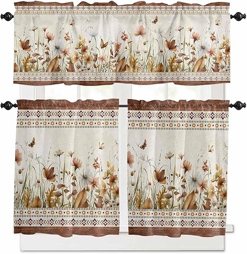 Miniatura 13 de Juego de cortinas semitransparentes con bolsillo para barra, cenefa y niveles de 36 pulgadas de largo, cortinas de arte abstracto de sol y arco