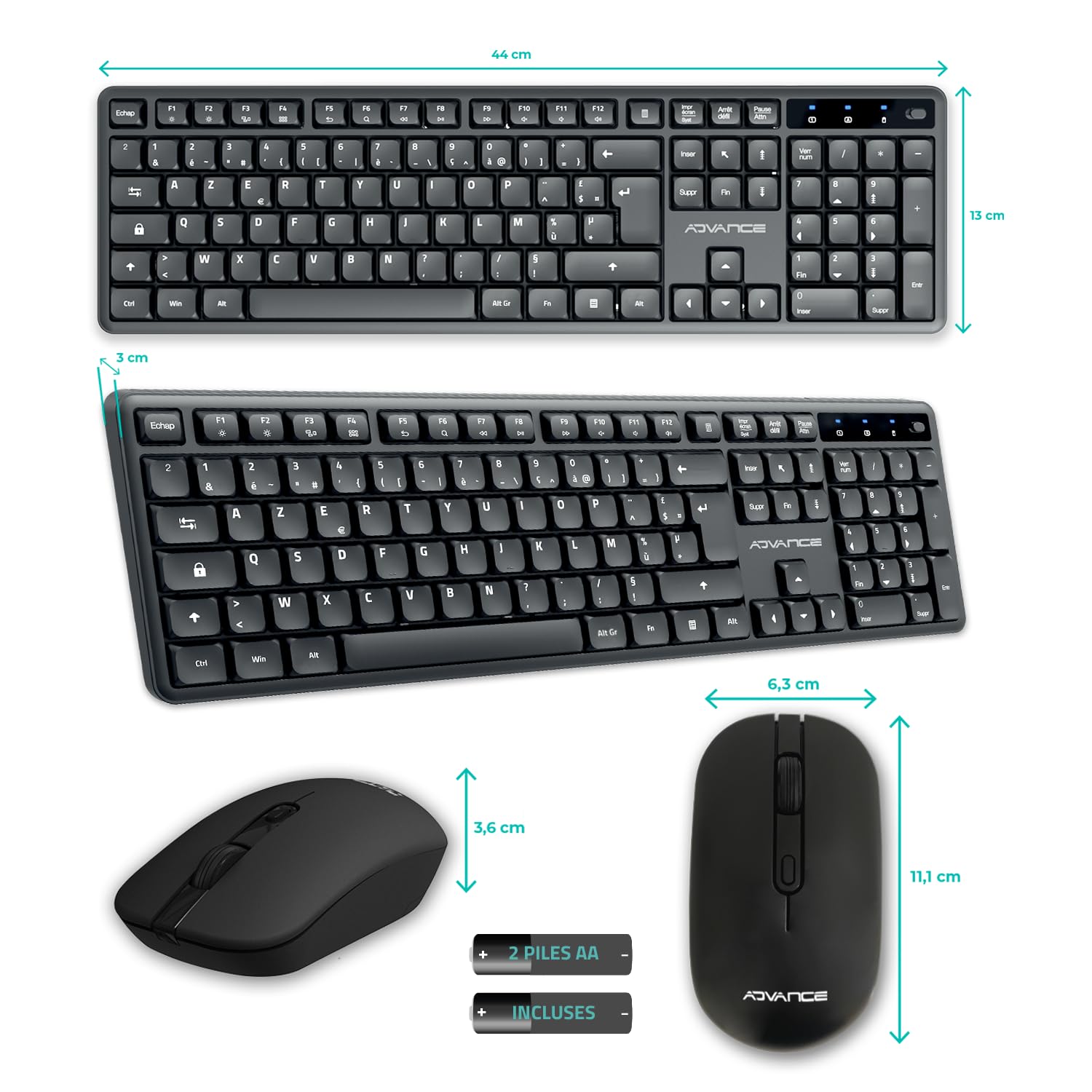 AD ADVANCE - SilentKeys, Pack Clavier Souris sans Fil Silencieux pour PC et Mac, Clavier AZERTY 105 Touches, 12 Raccourcis Multimédias, Hauteur Réglable, Souris 1600 DPI, Dongle USB, Noir