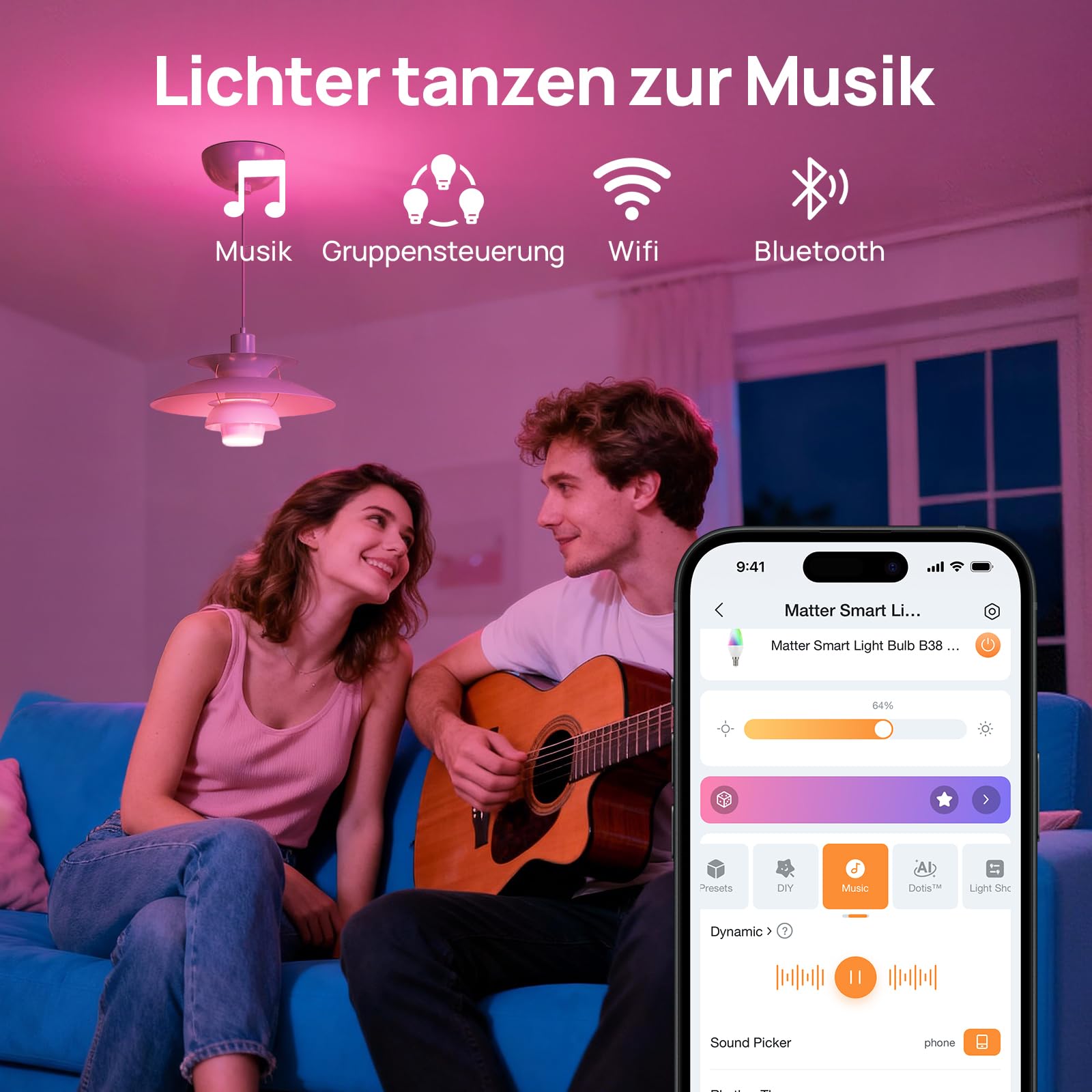 Linkind Matter E14 Smart Glühbirne B38 RGBTW, 1800K-6500K, CRI 90+, 470lm, 4.8W, 3 Stück