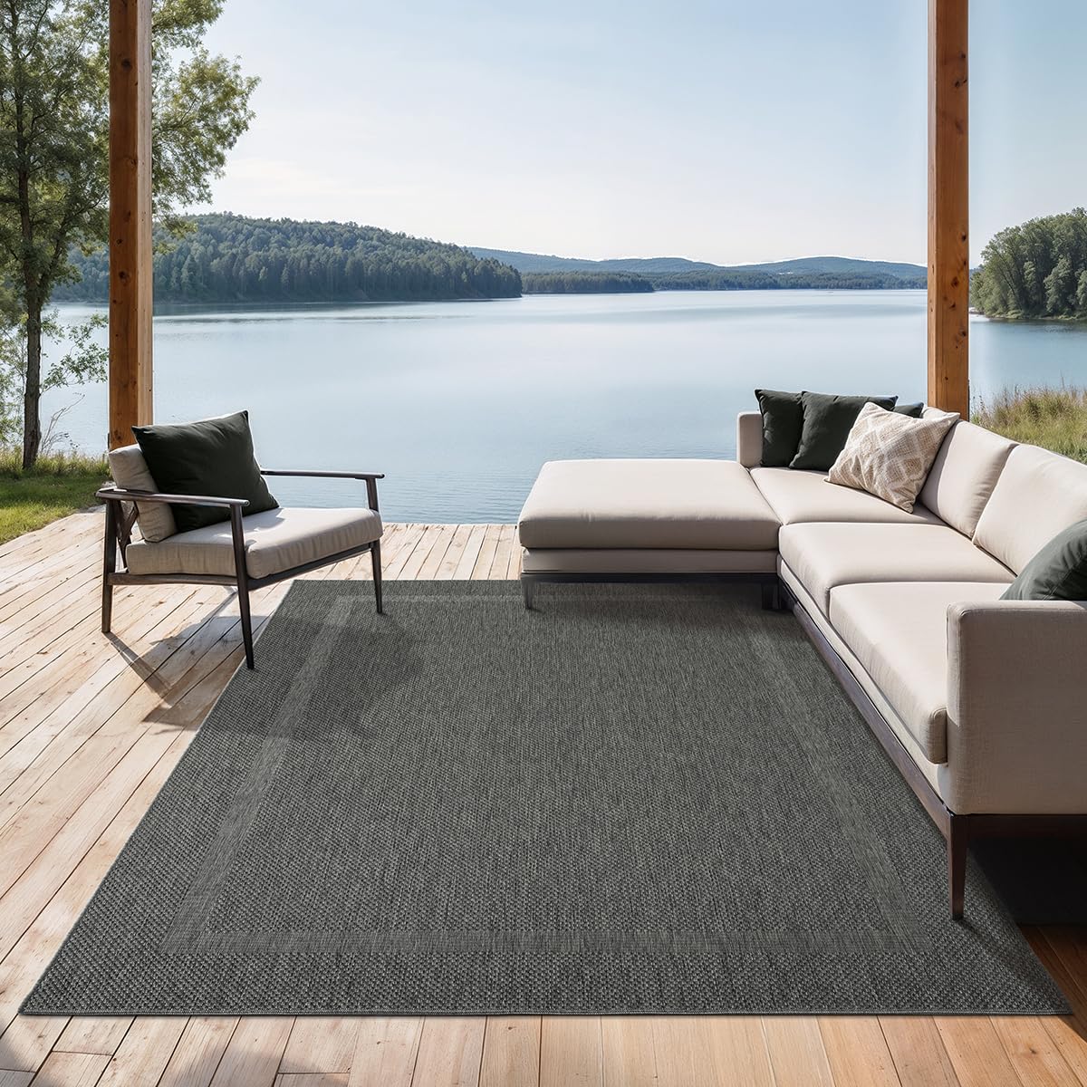 the carpet Mistra – Outdoor Teppich, Wetterfest, UV-beständig & pflegeleicht, für Balkon, Terrasse & Garten, auch für Wohnzimmer & Schlafzimmer geeignet, Anthrazit Bordüre, 140 x 200 cm