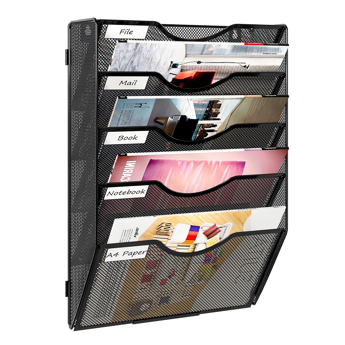 PAG Hängender Wandordnerhalter, 5 Etagen, Briefsortierer für die Wand, Netz, Bürowand-Organizer für Papiere/Ordner/Akten, Klemmbrett und Zeitschriften, Schwarz