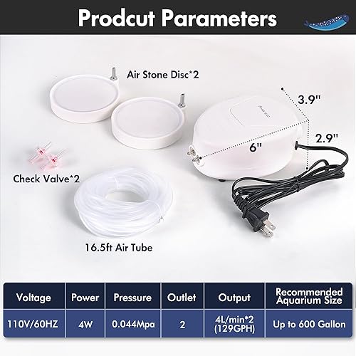 Miniatura 2 de Orlushy Silent Aquarium Air Pump, Dual Outlet Adjustable Oxygen Aerator with 2 Air Stones Airline Tubing Check Valves for up to 600 Gallon Fish