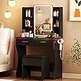 GarveeHome Vanity Desk with Mirror and Lights, for Bedroom,Adjustable 3 Color Lights Modes,Includes Padded Stool, Makeup Table Set with Hidden Storage Shelves, USB Outlets, Hairdryer Holder