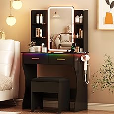 GarveeHome Vanity Desk with Mirror and Lights, for Bedroom,Adjustable 3 Color Lights Modes,Includes Padded Stool, Makeup Table Set with Hidden Storage Shelves, USB Outlets, Hairdryer Holder