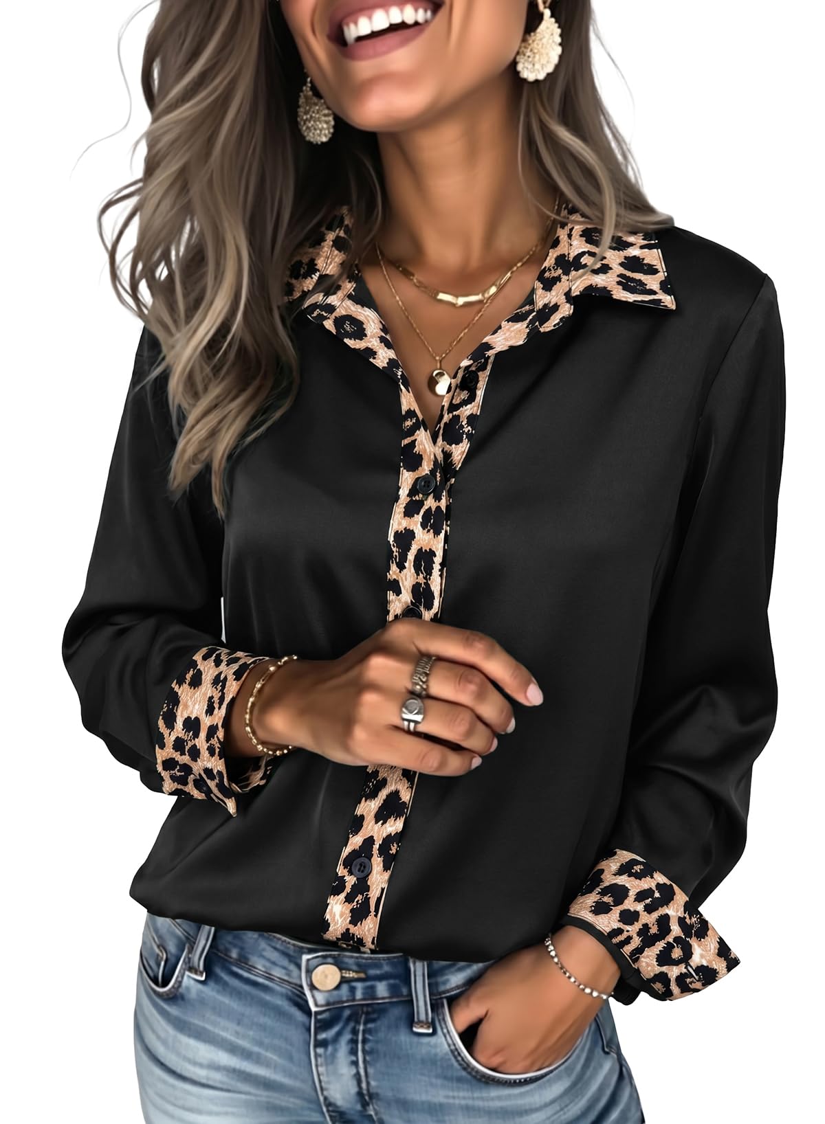 Dokotoo Womens Tops Button Down Satin Leopard Print Long Sleeve Shirts
