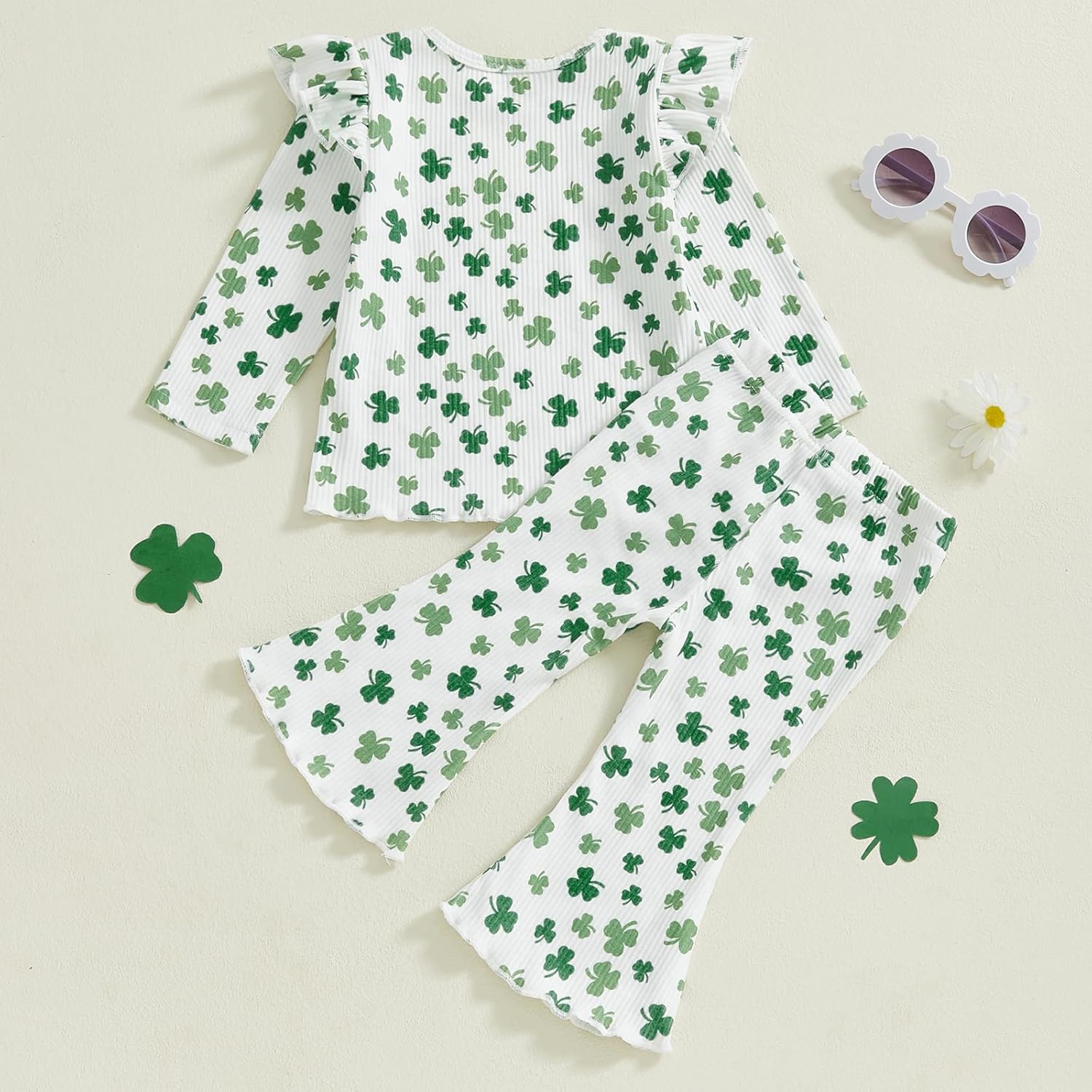 Sasaerucure Toddler Infant Baby Girl St. Patrick’s Day Outfit Clover Ruffled Long Sleeve Shirt Flared Pants Set Irish Clothes - Image 6