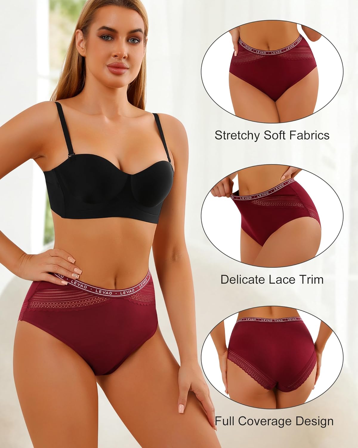 LEVAO Women's Cotton Underwear High Waisted Briefs Full Coverage Bikini Panties with Lace Trim Soft Hipster 5 Pack S-XXL - Image 4