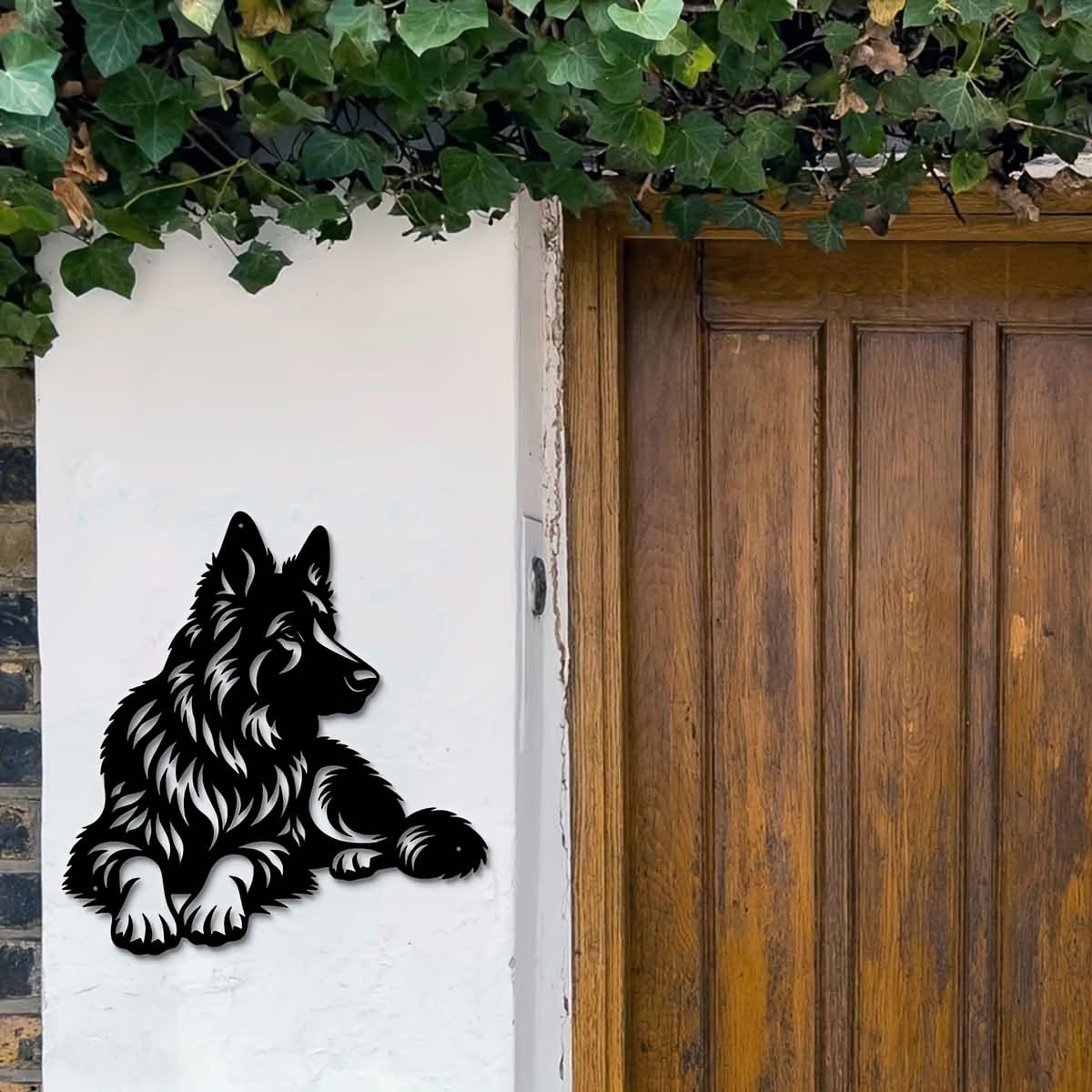Decoración de pared abstracta contemporánea de metal con arte de pastor alemán, escultura de silueta de hierro de 40 cm, para jardín exterior y sala de estar interior, mural resistente para balcó