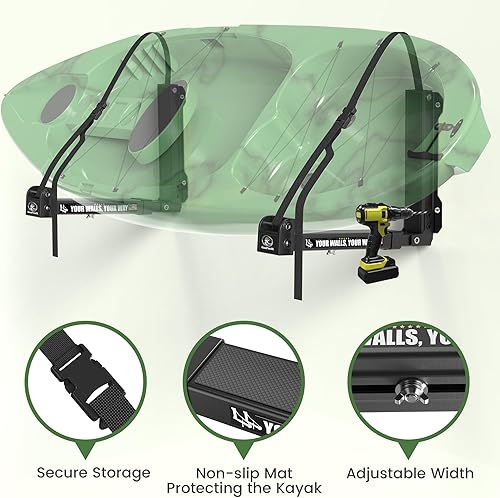 Miniatura 5 de GanFindX Estante de pared plegable para kayak, resistente de 9.5 a 13.8 pulgadas, soporte de almacenamiento de kayak y correas de hebilla de