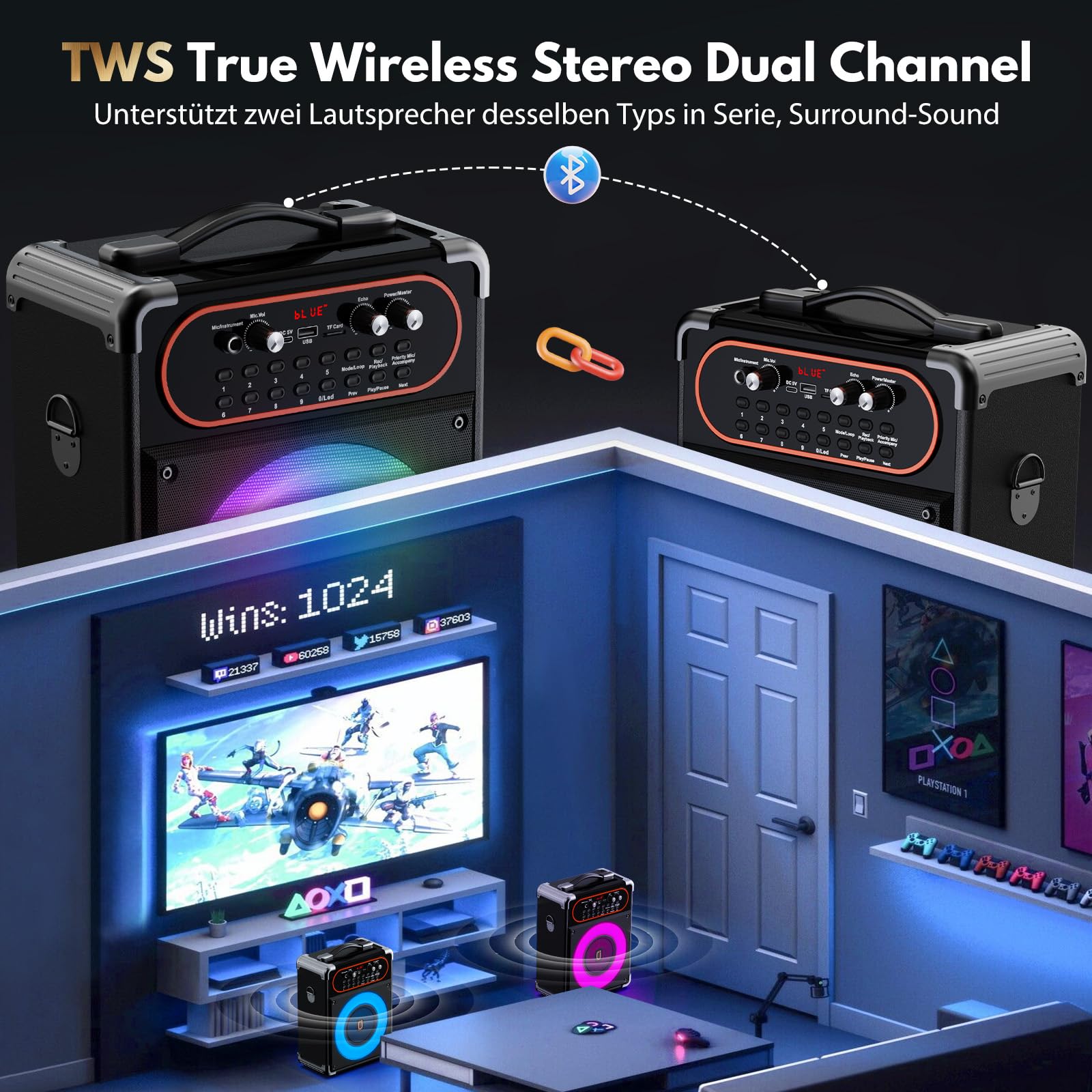 HWWR Karaoke Maschine, Karaoke Anlage mit 2 Mikrofonen Tragbarer Bluetooth 5.3-Lautsprecher mit PA-Anlage mit Echo-Einstellung, Unterstützung für TWS/TF-Karte/USB/AUX/TV-Anschluss, Bühnensubwoofer