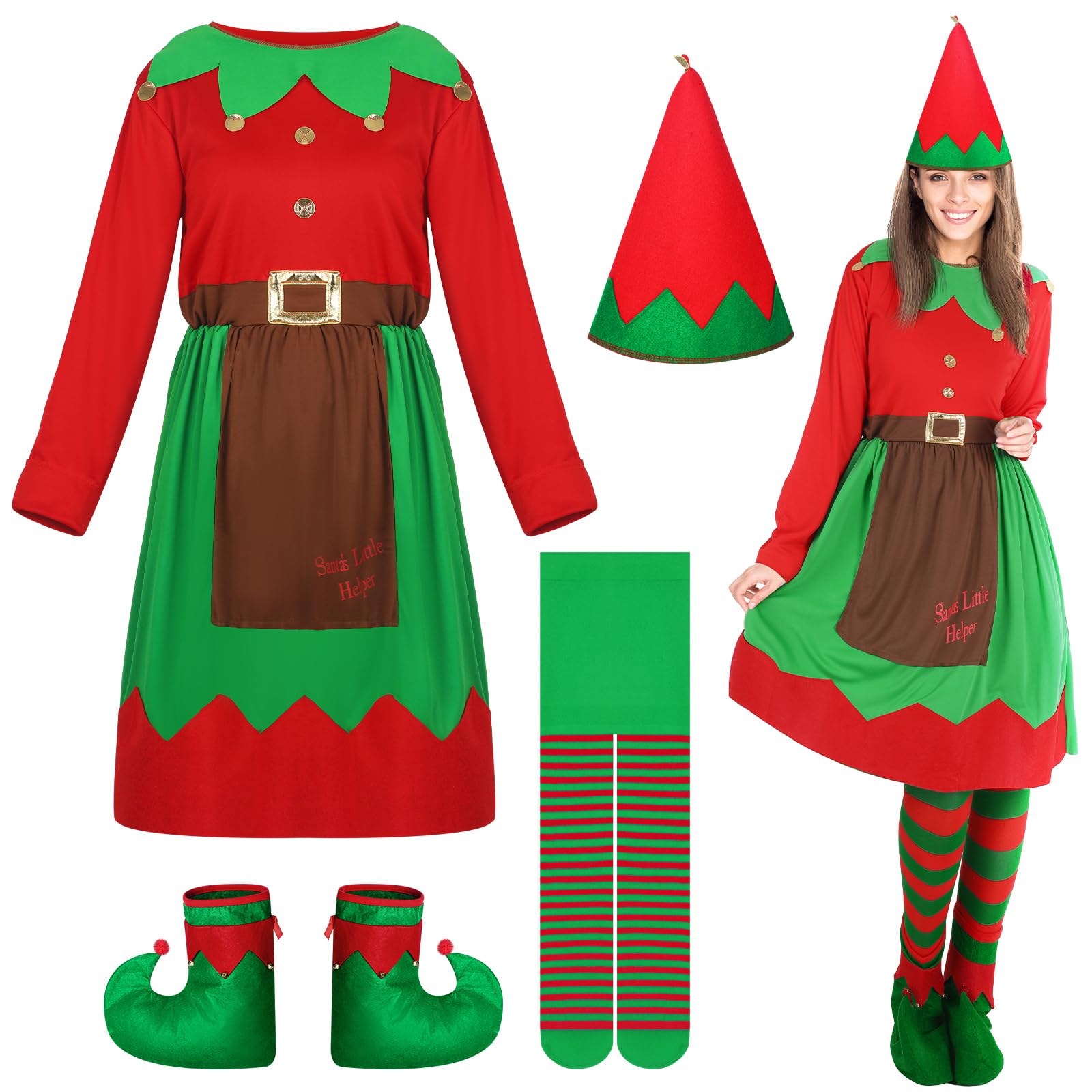 Neer4 Pcs Adults Kids Christmas Elf Costume Set Santa Helper Including Velvet Dress Elf Hat Stockings Shoes Cosplay Party