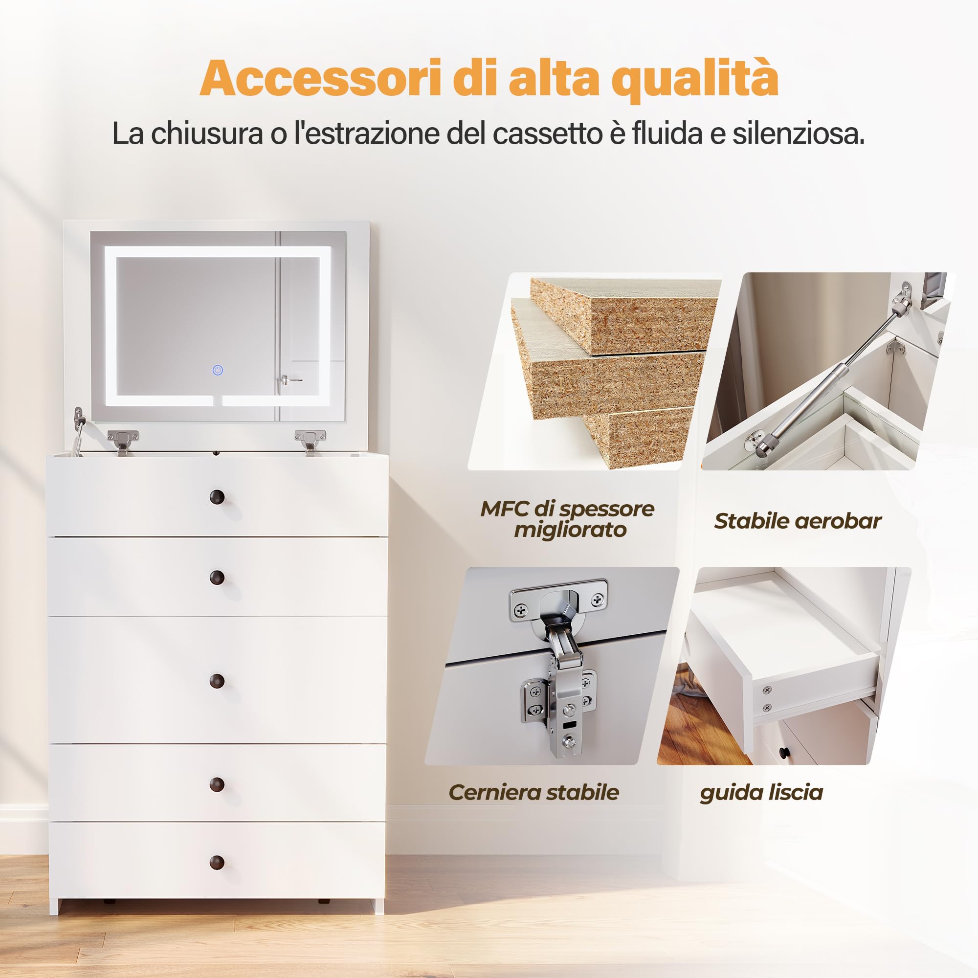 SONNI Toletta Con Luci E Cassetti Per Camera Da Letto, Armadio 2 In 1 Design, Bianca Con Sgabello E Specchio Pieghevole, 60x83x45cm
