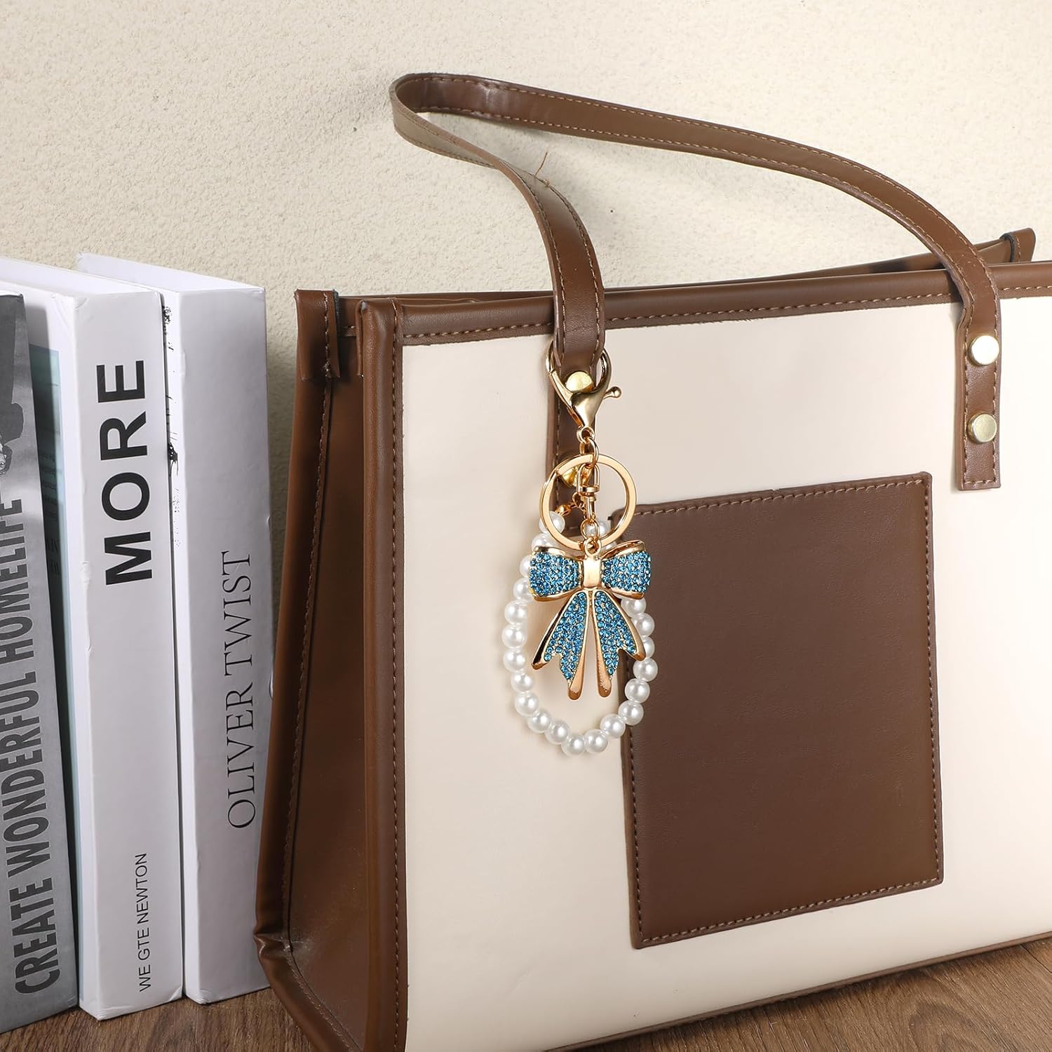 Bow Keychain Rhinestone Bowknot Keychain Purse Charms Bag Charms Imitation Pearl Chains for Handbags Purses Backpacks Cute Keychains Accessories for Women, Blue - Image 5