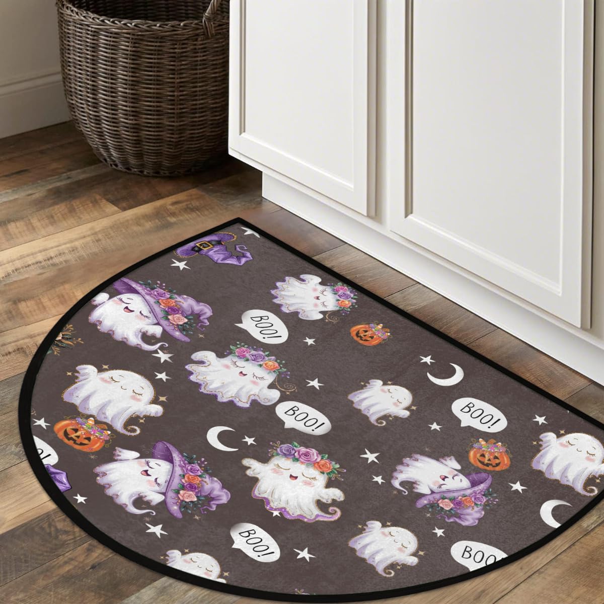 Half Round Doormat Halloween Decor Ghosts Purple Semi Circle Rug Non Slip Indoor Outdoor Entrance Half Moon Rug Washable Front Floor Mat for Kitchen Bathroom Patio Fireplace Holiday Decor,A-18