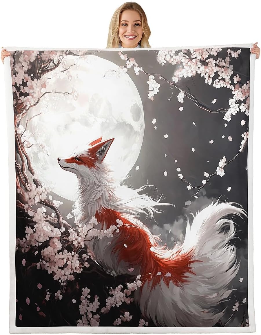 Manfei Japanese Fox Kids Throw Blanket,Japan Ukiyoe Cherry Blossom Moonnight Bed Blanket for Boys Girls,Wild Animal Retro Fleece Blanket,Grey White Fuzzy Blanket,Twin Size (60 x 80 Inches)