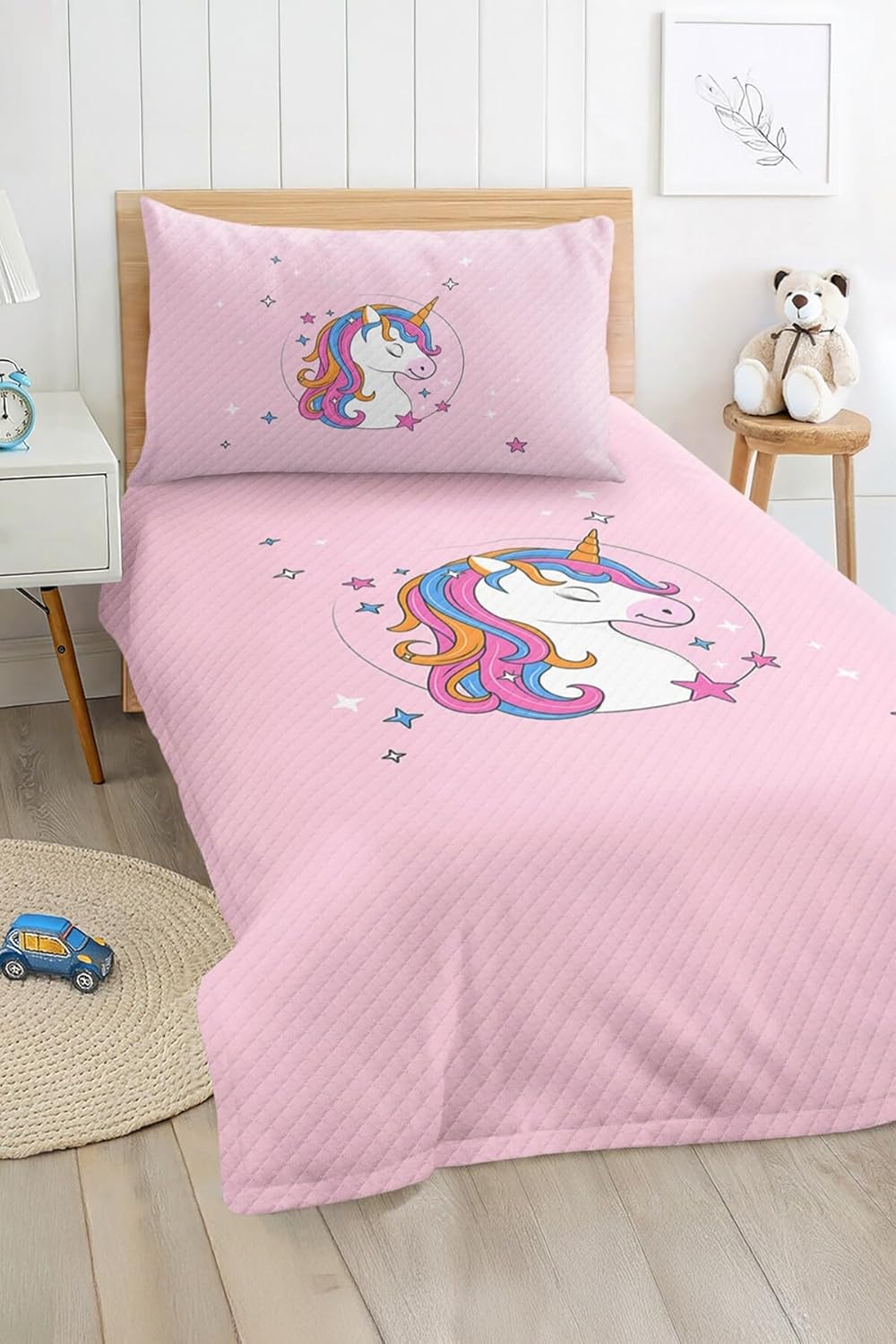 SODEF Bedding Set Unicorn and Star Pattern Pink Girls Printed Single Size Quilt Set, 2 Piece Cotton Polyester Blend - Multicolor, One Size