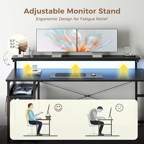 Miniatura 8 de AODK Escritorio en forma de L de 61 pulgadas con cajón, escritorio para computadora con tomas de corriente y luces LED, escritorio de esquina