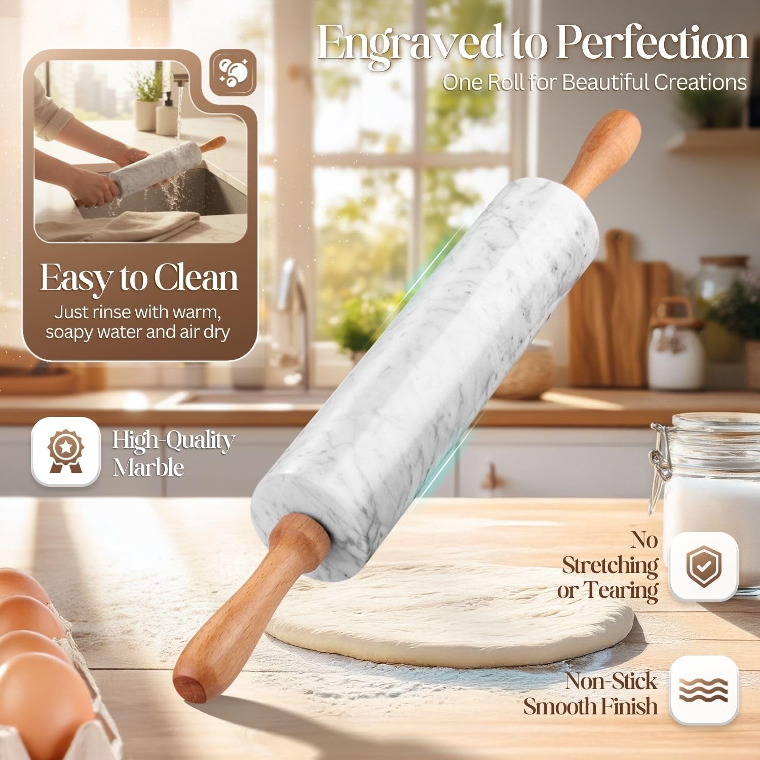 Flexzion Teigroller aus weißem Marmor, 25,4 cm, mit Holzgriff und Halter-Basisständer, Marmor-Nudelholz zum Backen von Gebäck, Pizzateig, Fondant, Kekskuche, Kruste, Nudeln, Bäckerei-Roller