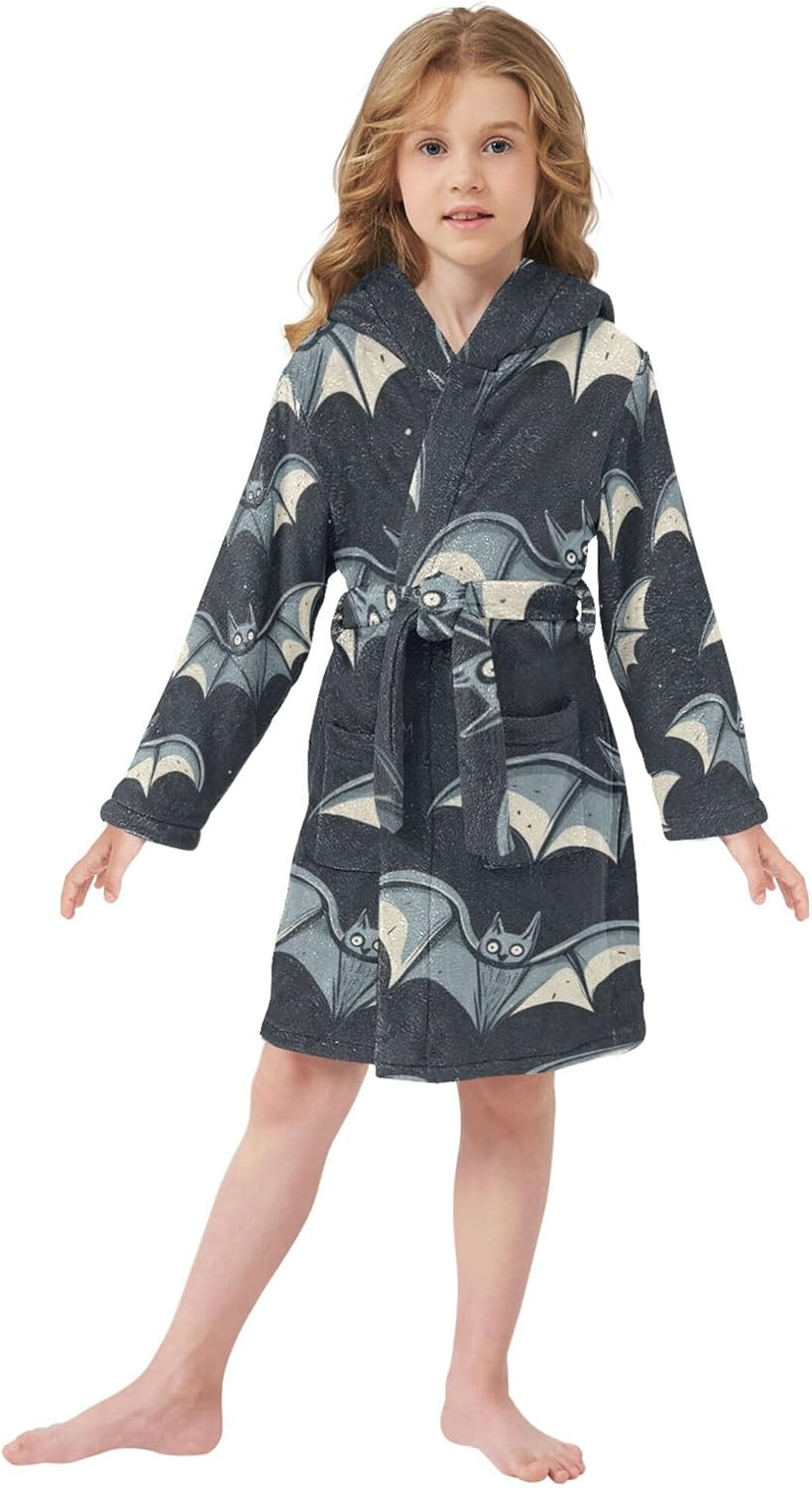 Halloween Cute Bats Bathrobe Hooded PJ Robe Soft Fleece Robe Pajama Sleepwears 2-12 Years