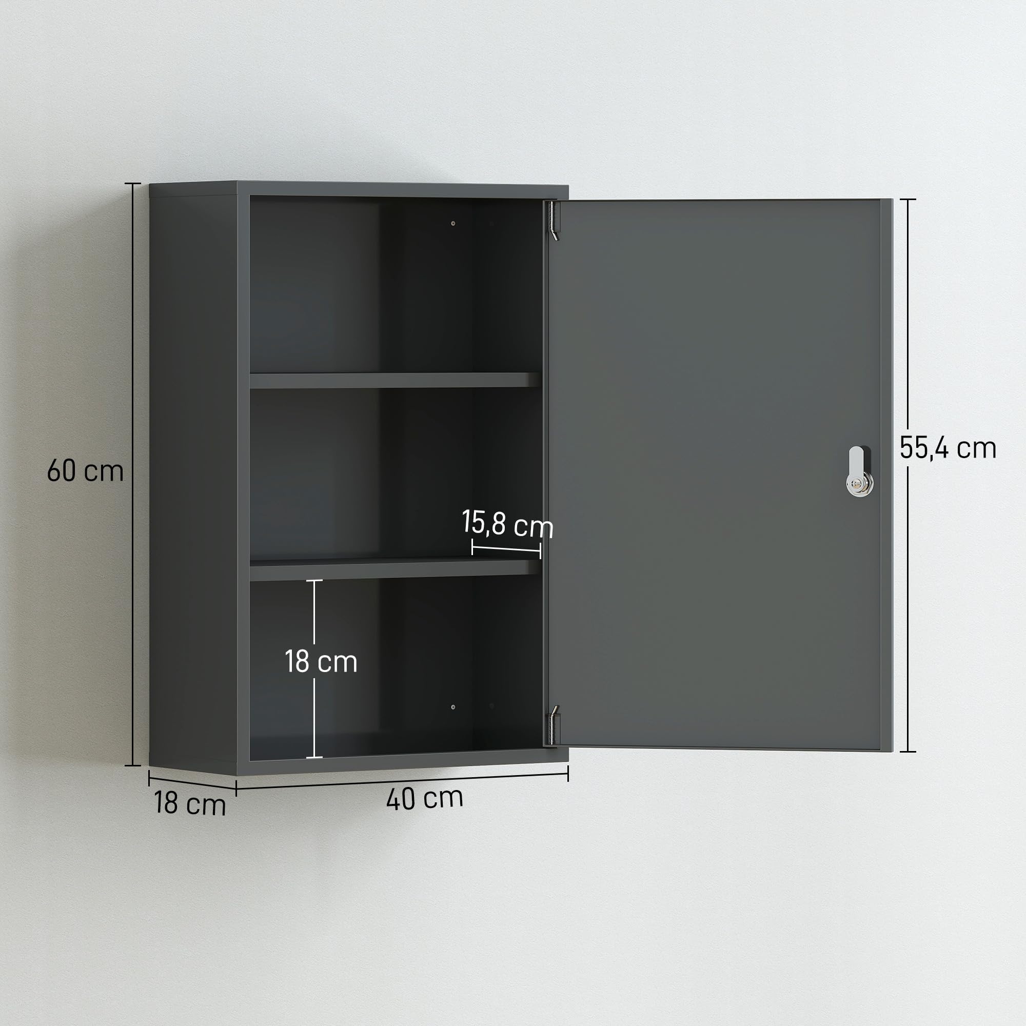 Kleankin Szafka na leki zamykana metalowa z 3 półkami 40x18x60cm Szary