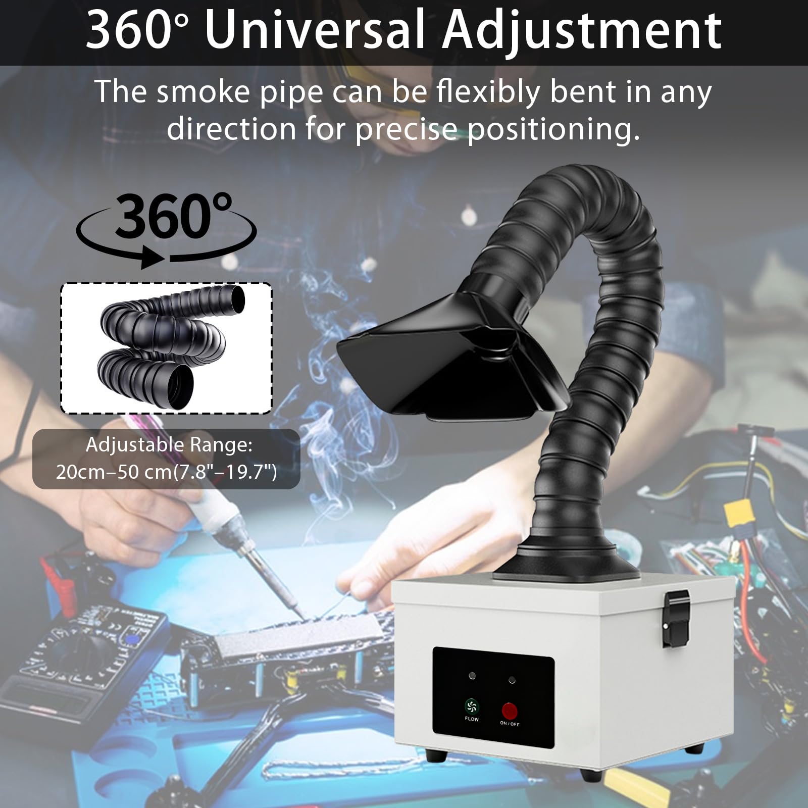 Aspirateur de fumée 45W avec filtre complexe 2-en-1, extracteur de fumée de bureau 207 m³/h, avec 4 pré-filtres, purificateur portable pour fumées de soudure, vapeurs laser et particules fines (Blanc)